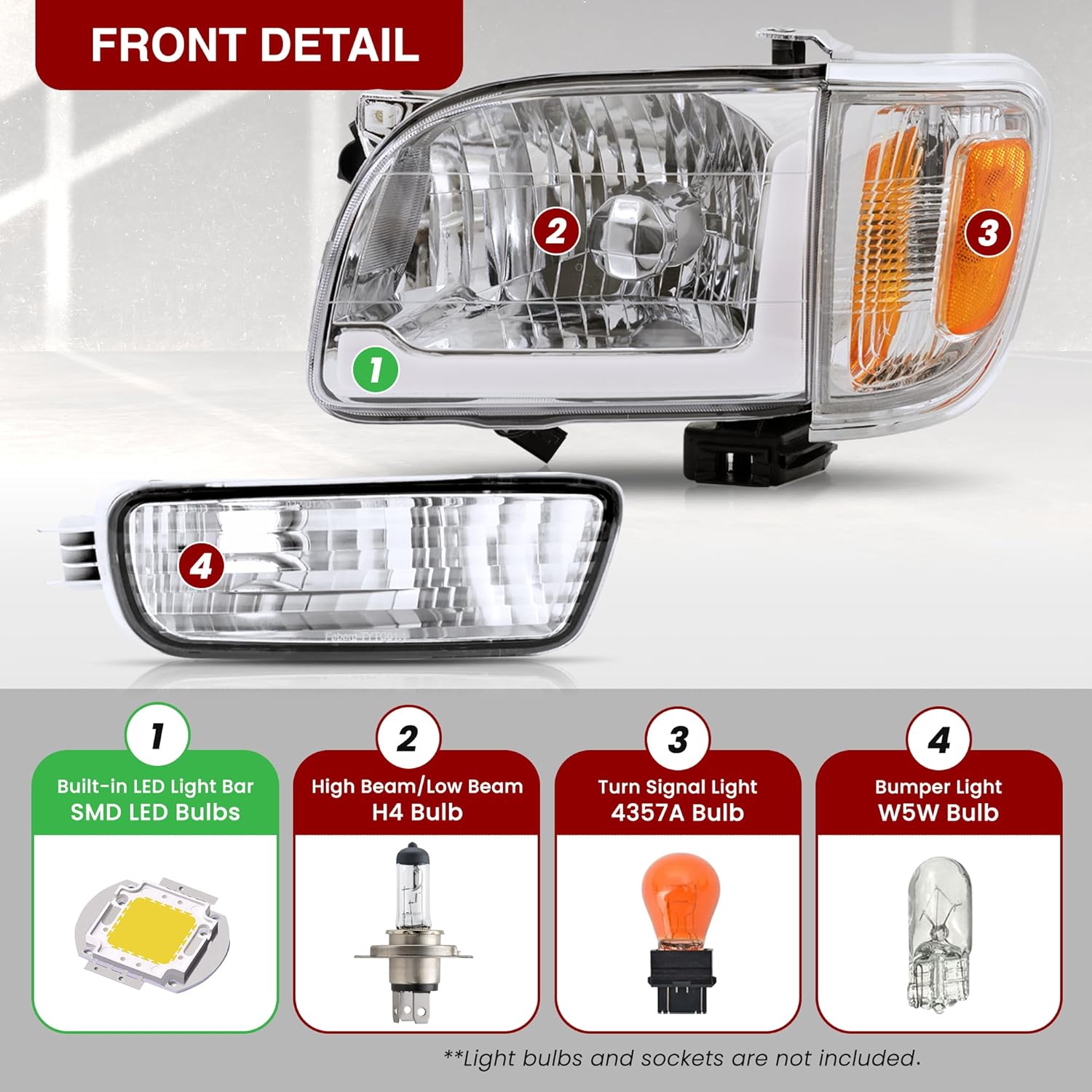 AJP Distributors LED DRL Bar Tube Headlights Assembly + Bumper Corner Signal Lamps Lights Left Right Pair Lens Compatible/Replacement For Tacoma 2001-2004 (Chrome Housing Clear/Amber Reflector)