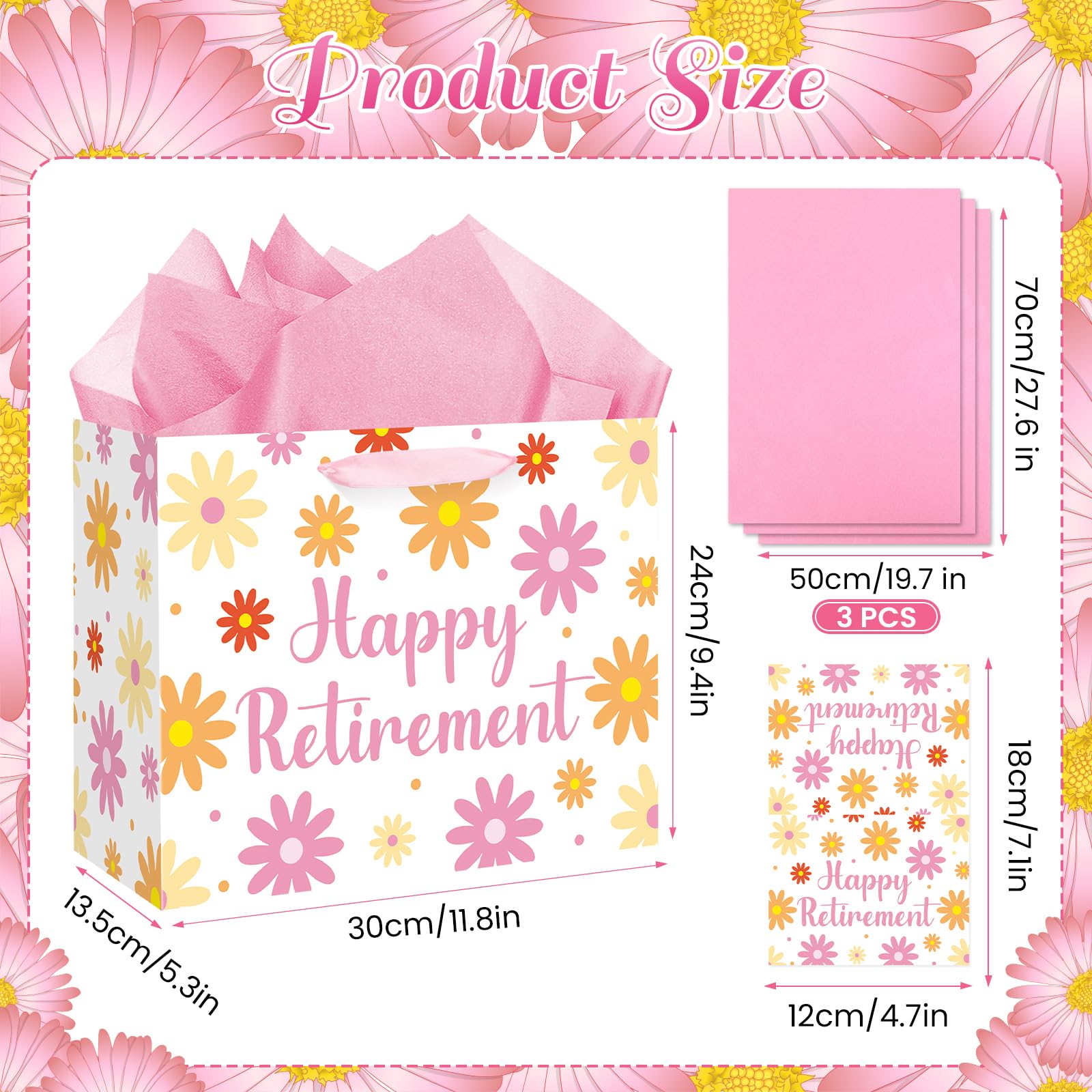MOORIIY Happy Retirement Gift Bag for Women, Boho Daisy Retirement Wrapping Paper Bag with Tissue Paper and Card Floral Retired Gifts for Women Farewell Going Away Party Decorations Supplies