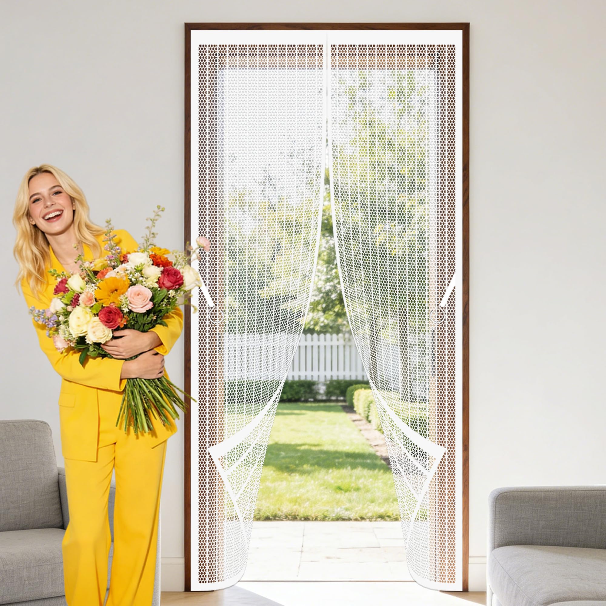 Magnetic Screen Fly Doors 123 x 186 cm Hundreds of Sizes Anti Mosquito Mesh Curtain with Powerful Magnets Keep Bugs Out Lets Fresh Air in for Living Room, Bedroom, Patio, White