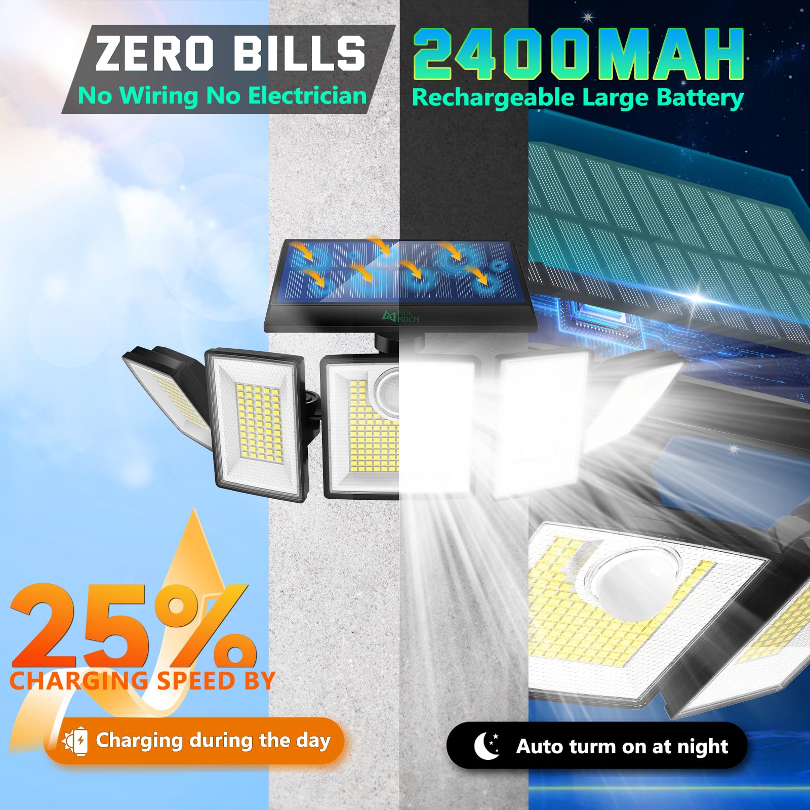 Luci solari per esterni, sensore di movimento, impermeabile, 416 LED, 3000 lumen, super luminose, 3 luminosità, 3 modalità, 2400 mAh, 360°, illuminazione solare di sicurezza per inondazione, 9,8 m