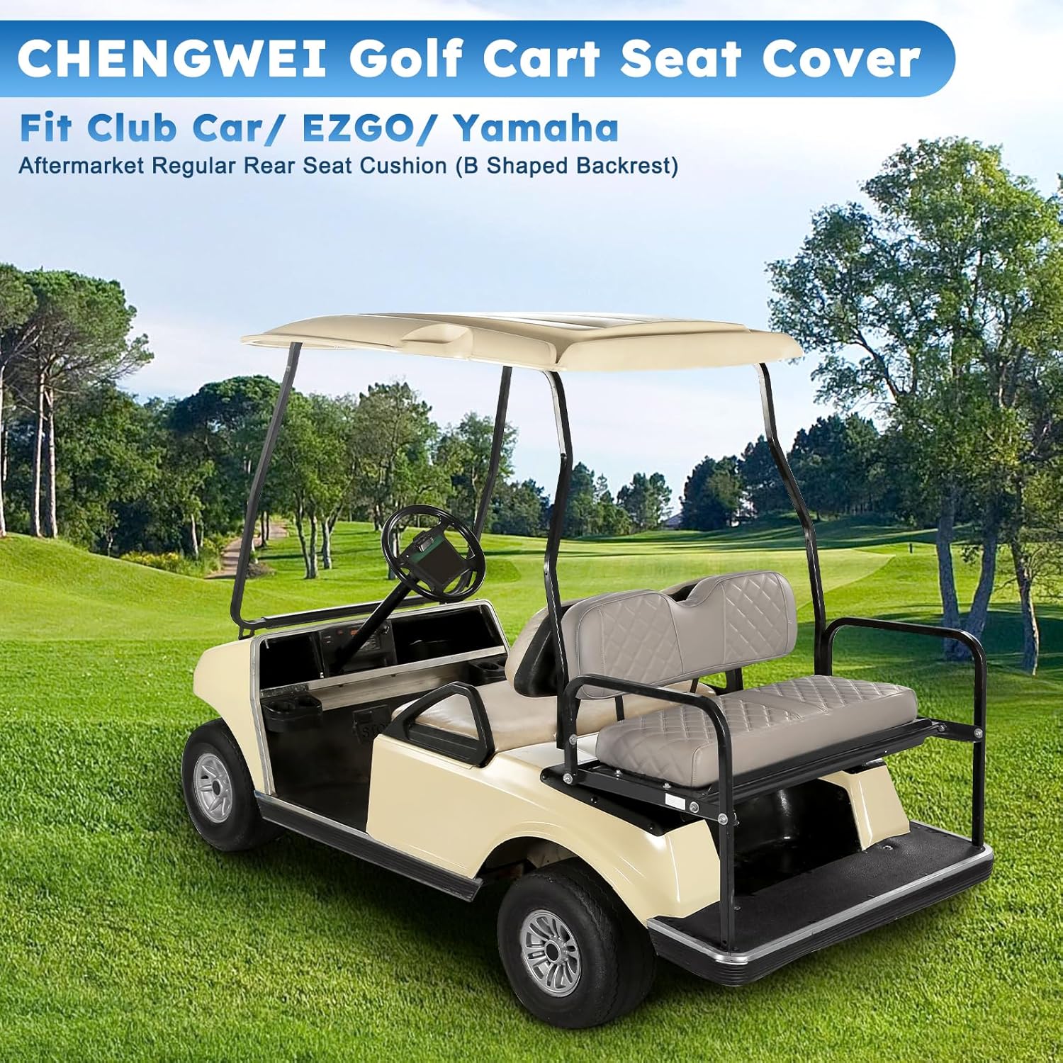 Golf Cart Rear Seat Covers Fit Club Car Precedent DS EZGO TXT RXV Yamaha Aftermarket Standard Back Seat Cushion,Faux Leather Replacement Seat Cover Adjustable Buckle No Stapler Needed(Beige) For Aftermarket Regular Rear Seat Beige
