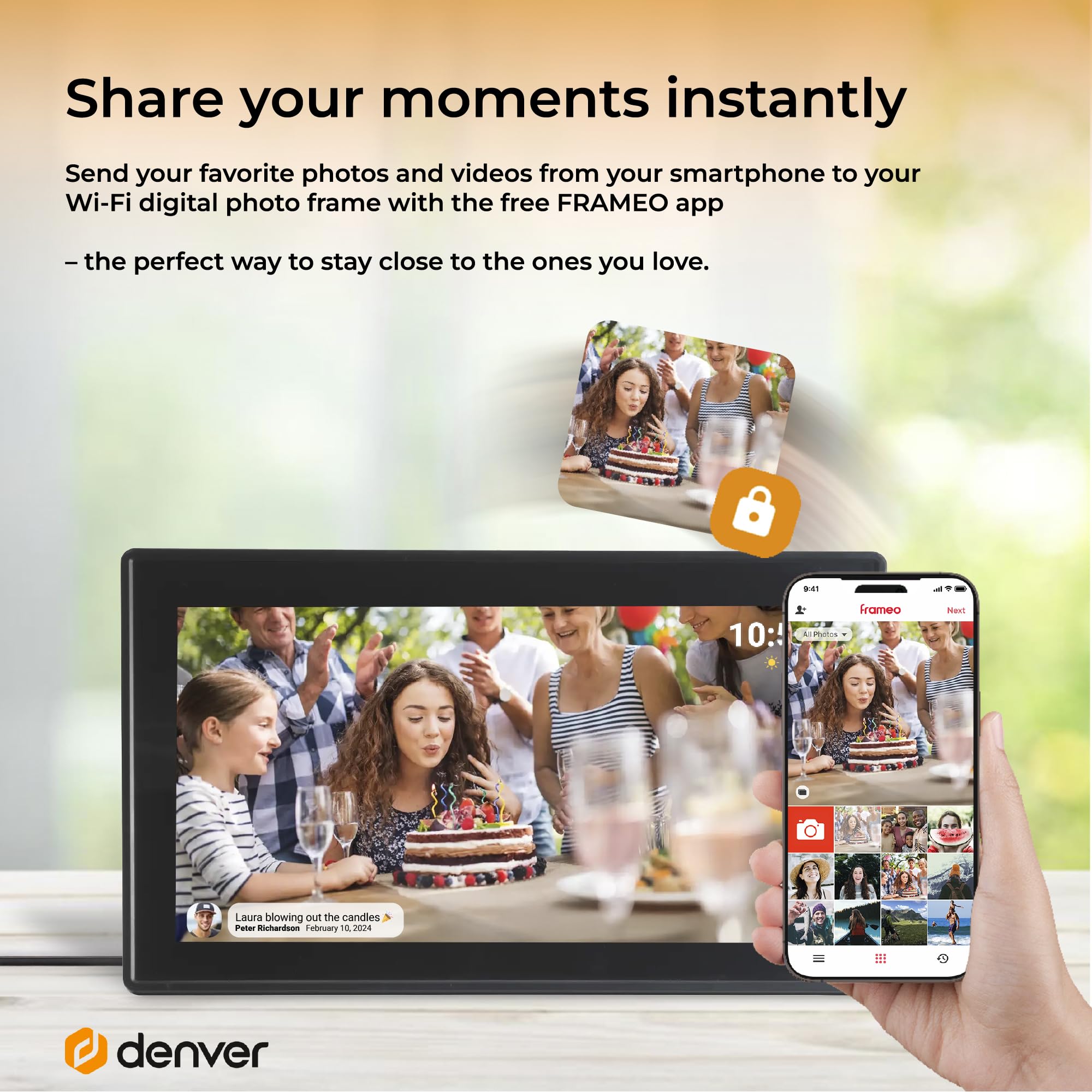 Denver PFF-1515B cyfrowa ramka na zdjęcia Wi-Fi – ekran dotykowy Full HD IPS 15,6", zintegrowane oprogramowanie FRAMEO, bezprzewodowe udostępnianie, automatyczne wyłączanie nocne, pamięć 16 GB, czarna