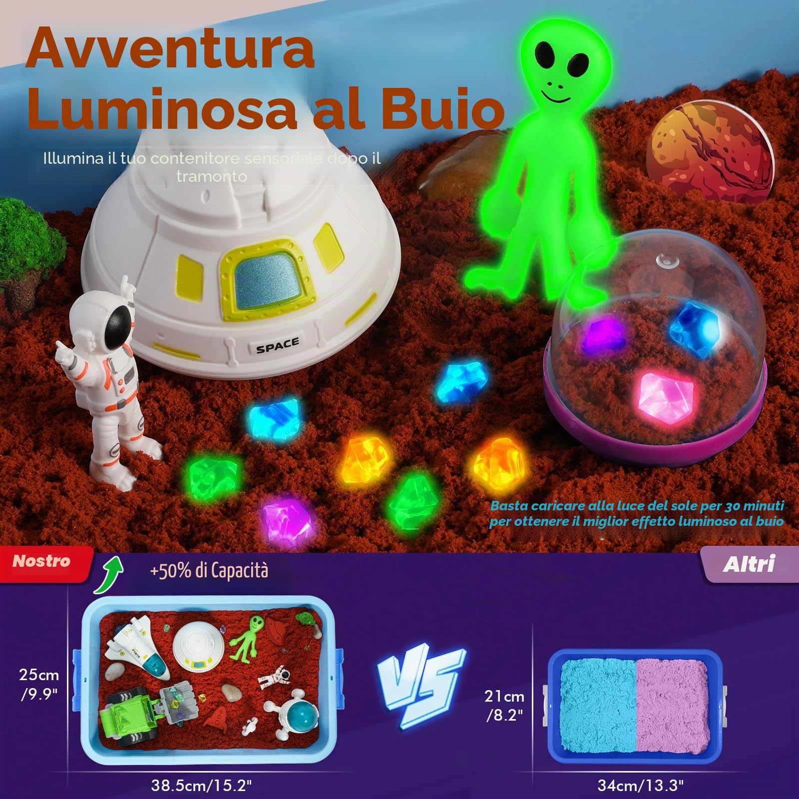 KNASON Sabbia Giocattolo Bambini, Spazio Scientifici Kit di Sand con Sabbia Magica, illuminano al Buio Alieno e Gemme, Giocattoli per Sabbiera Regalo di Natale per Bambini 3 ai 8 Anni