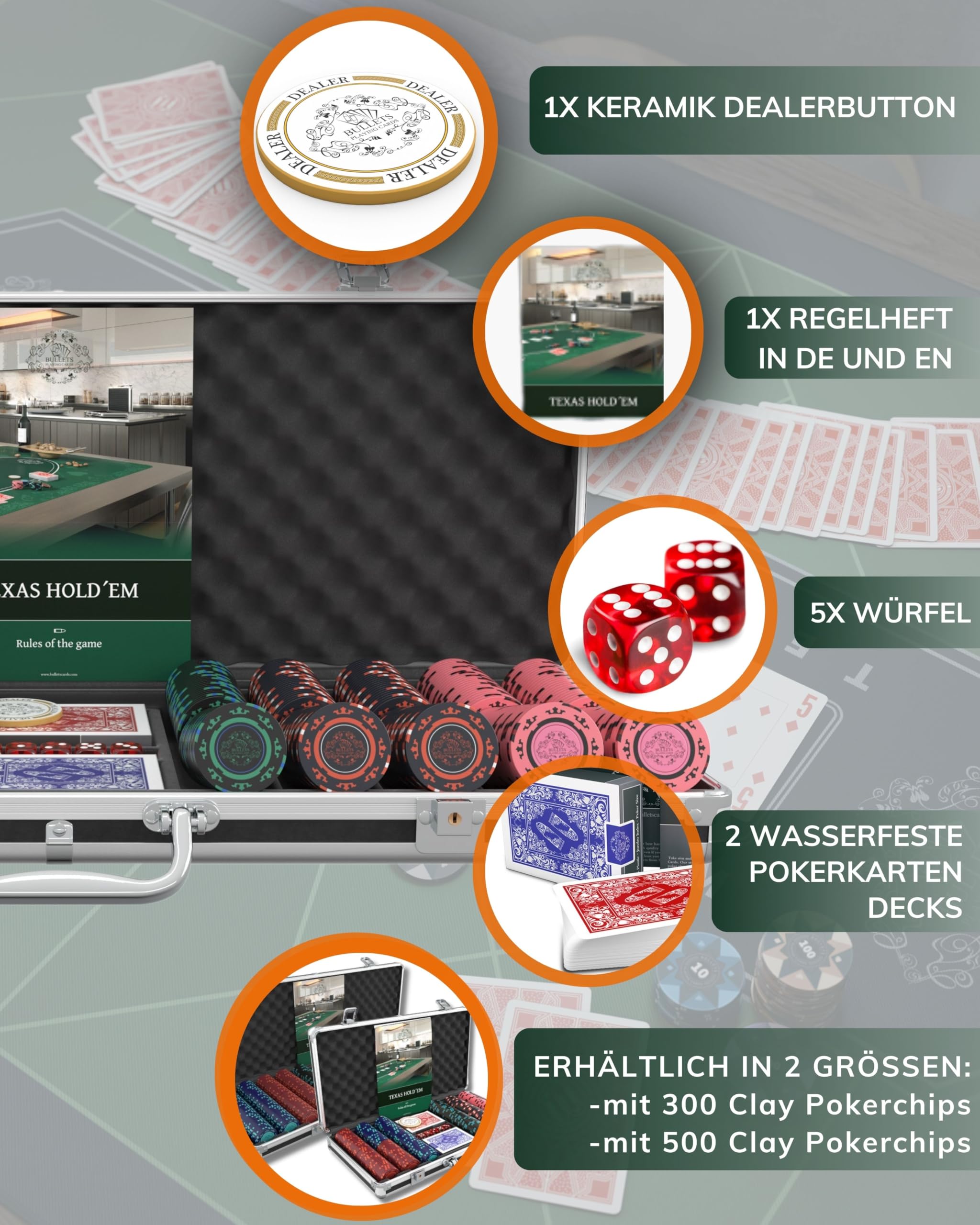 Bullets Playing Cards | Pokerkoffer „Corrado“ mit 500 Clay Pokerchips 14g | Pokerset mit Karten, Würfeln, Dealer Button & Pokerregeln