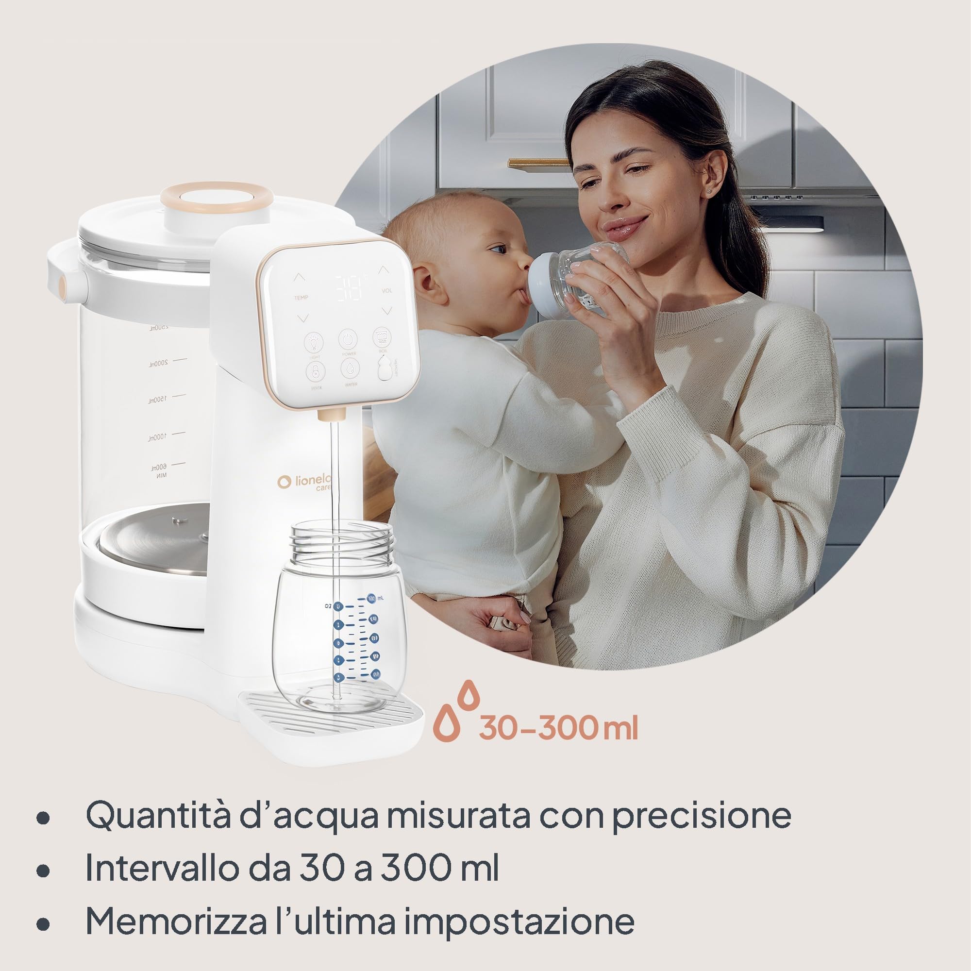 Lionelo BABYPRESTO 2.0 Preparatore Istantaneo di Latte in polvere con Temperatura Regolabile 40-100°C, Dosaggio Automatico 30-300 ml, Formula Scaldabiberon, Dispenser Acqua 3L, Declorazione, Igiene UV