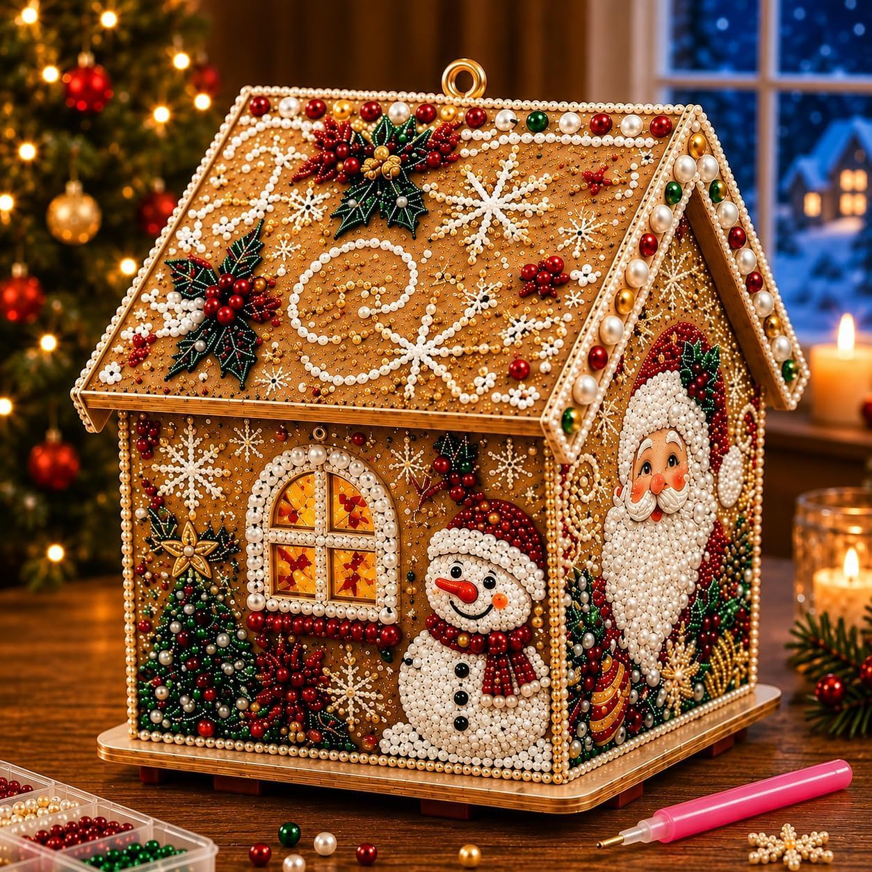 3D Christmas Pearl Diamond Painting Wooden House Art Kit for Adults (#C)