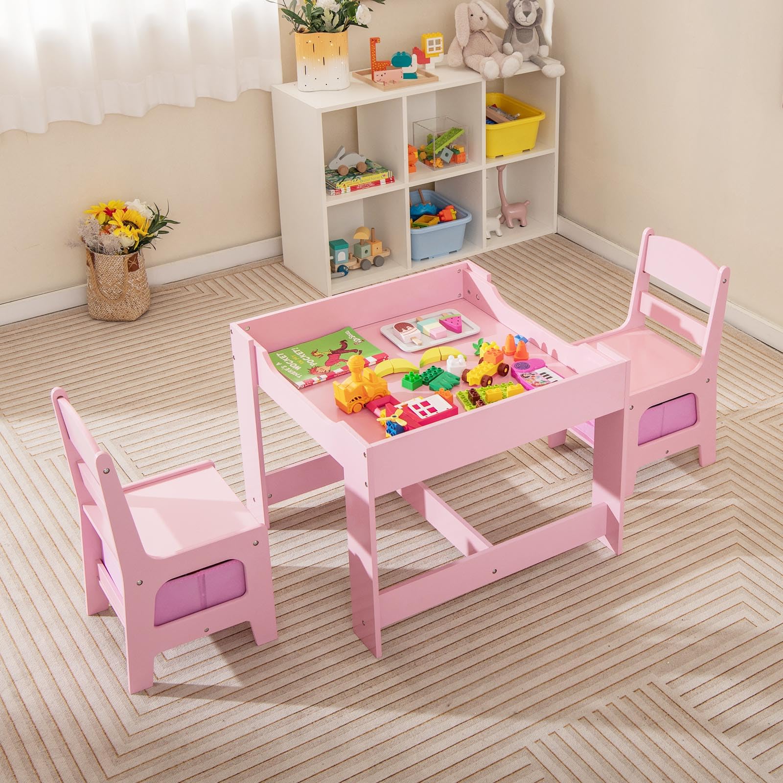GLACER Kids Table and Chairs, 3 in 1 Wooden Activity Table with Storage, Reversible Tabletop, Chalkboard for Crafts, Drawing, Reading, Toddler Table and Chair Set for Playroom, Easy to Clean(Pink)