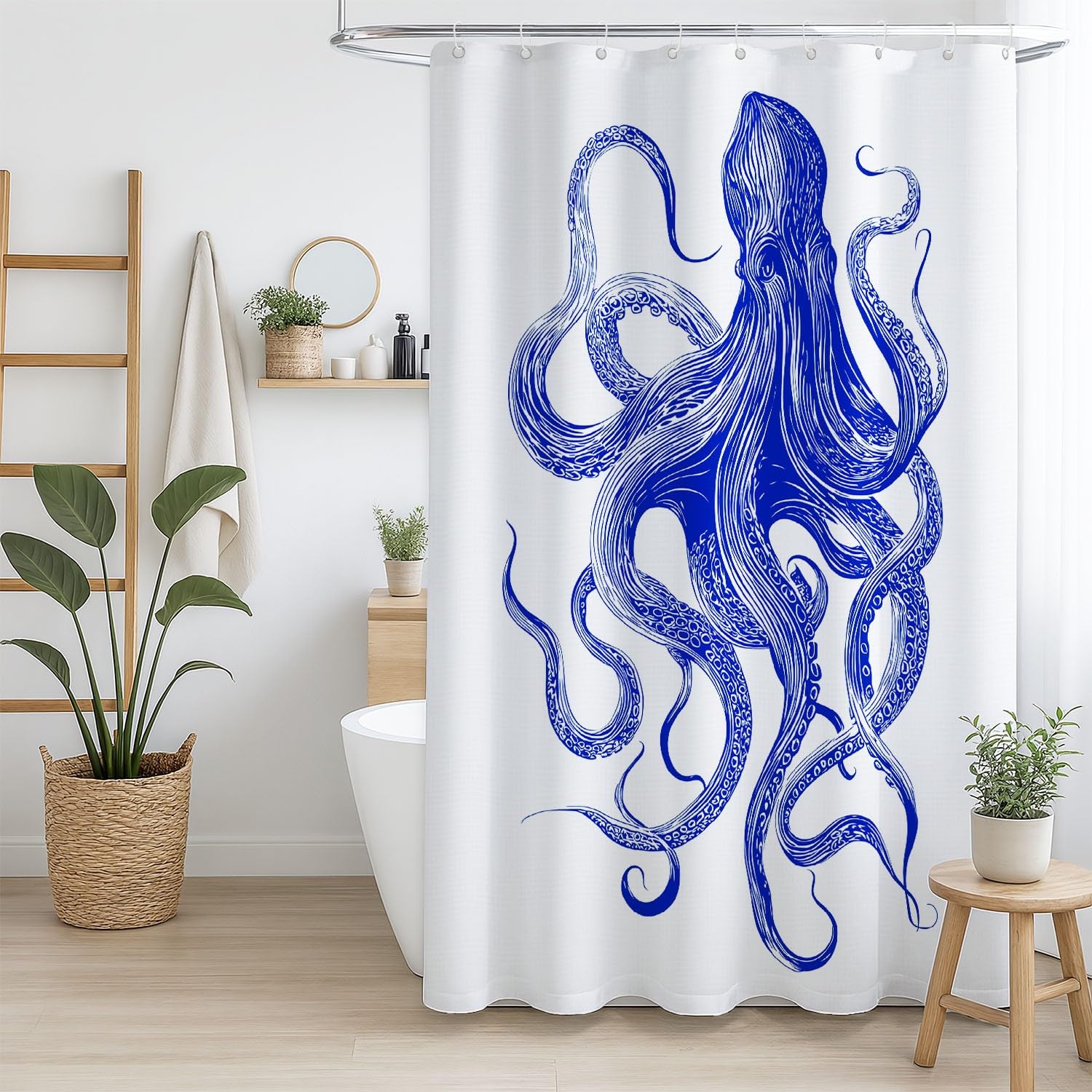 Generico Minimalista Tenda Da Doccia Fantasia Astratto Polpo Blu Bianco, Tenda Da Doccia Per Bagno, Vasca Da Bagno, Tenda In Poliestere Impermeabile Con Ganci In Plastica, 200 x 200 cm