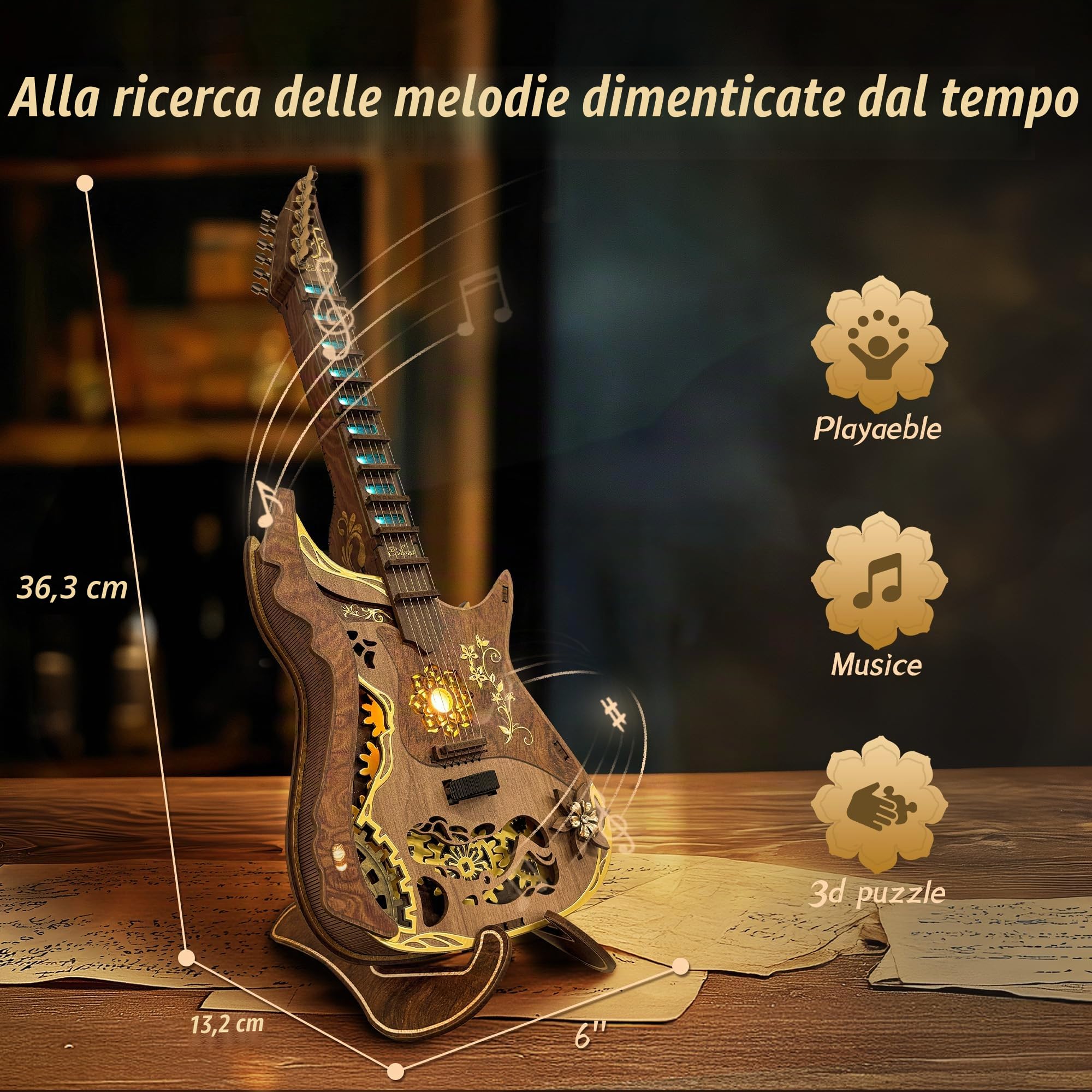FUNPOLA Puzzle 3D in legno chitarra accordi LED Kit – Modello di chitarra acustica suonabile con luci LED, puzzle meccanico musicale fai-da-te per adulti e ragazzi