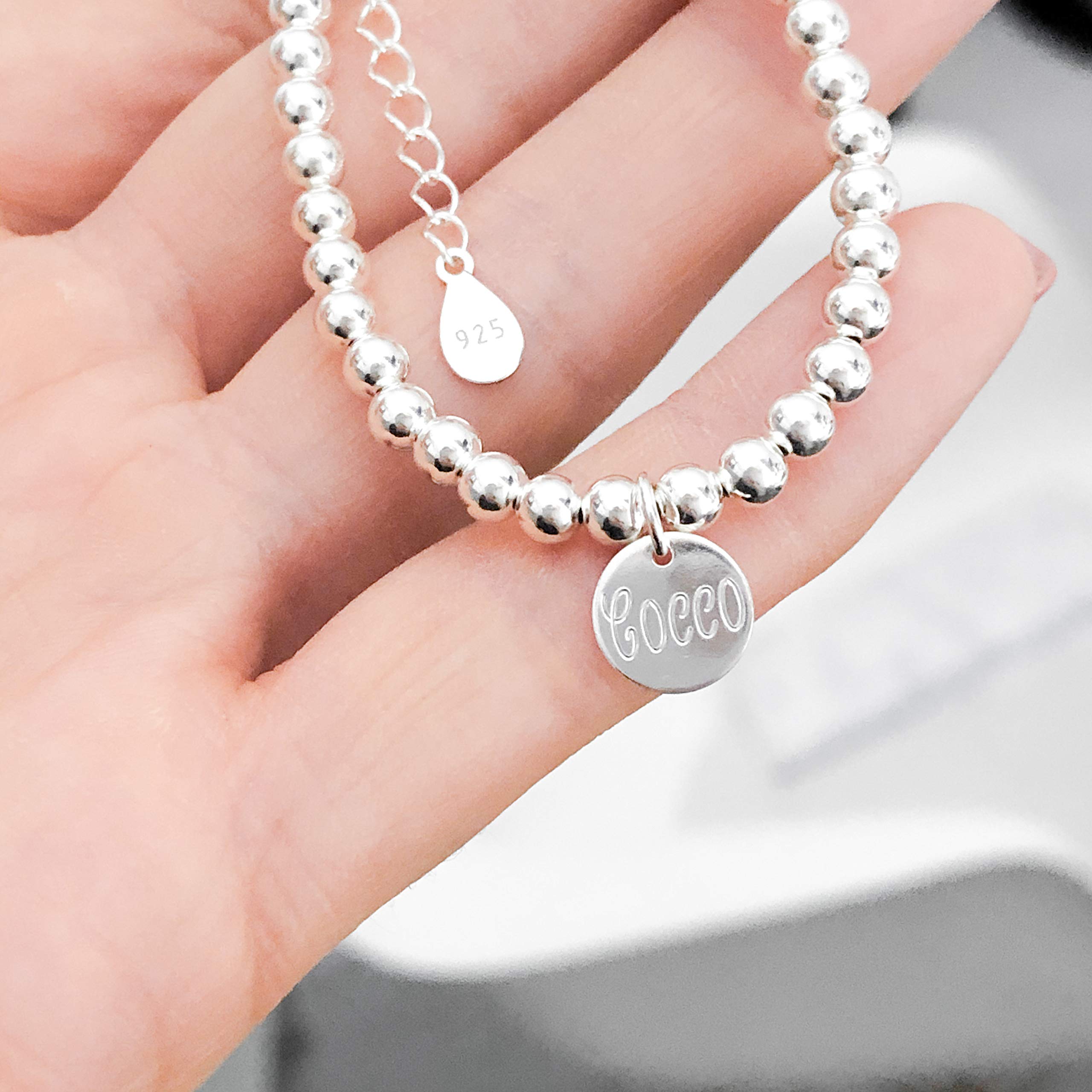 EDINA - Kugel Armband aus 925er Sterling Silber mit Gravur | 9,5mm Plättchenanhänger | Personalisierter Schmuck | Geschenke für Frauen zum Jahrestag Muttertag Geburtstag