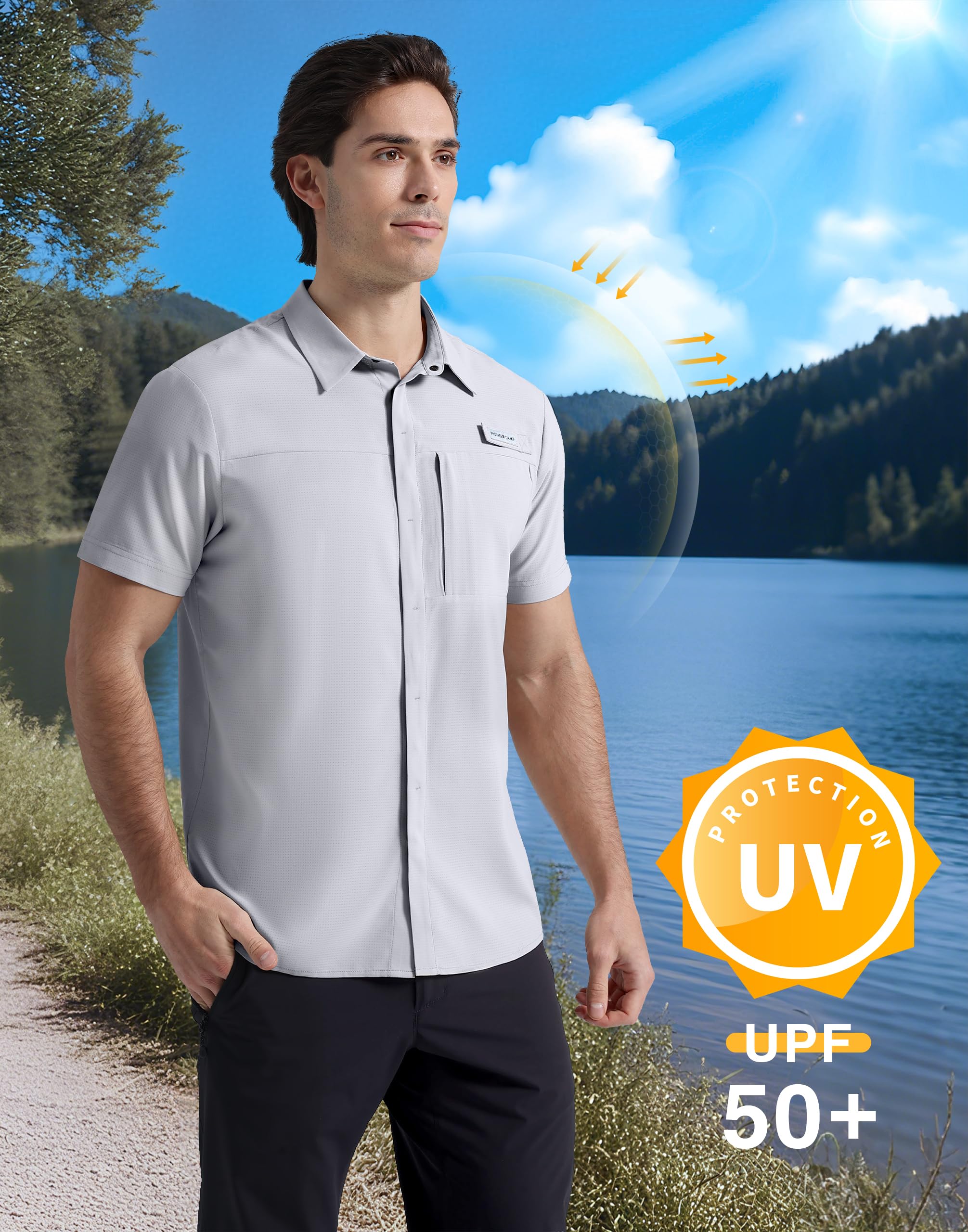Pioneer Camp Camisas de pesca para hombre con bolsillo con cremallera UPF 50+, ligeras, informales, de manga corta, con botones, para senderismo