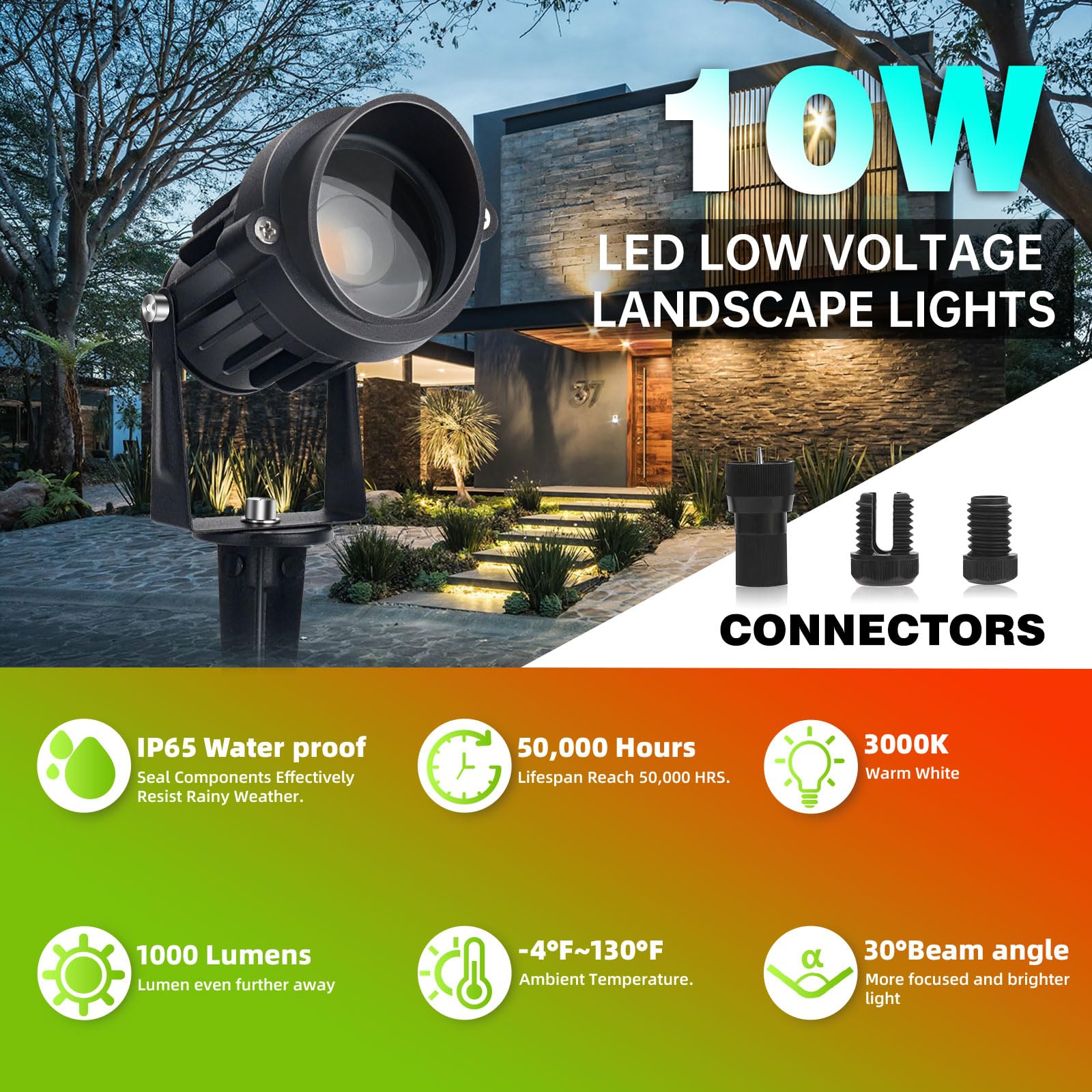 Condition photo showing New/Like New for LAVAED 10W LED Landscape Lights 12V Outdoor Spotlight with Connectors Low Voltage Landscape Lighting Warm White Waterproof Yard Uplight(2Pack)