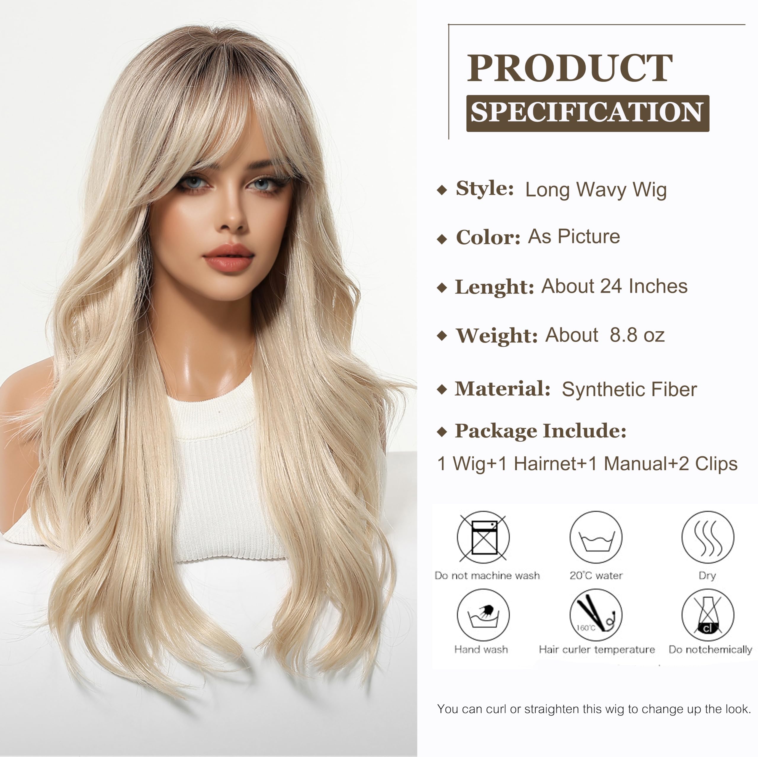 Esmee Parrucche Lunghe Ondulate con Ombre Biondo per Donne con Frangia Capelli Sintetici Naturali per Uso Quotidiano e per Feste