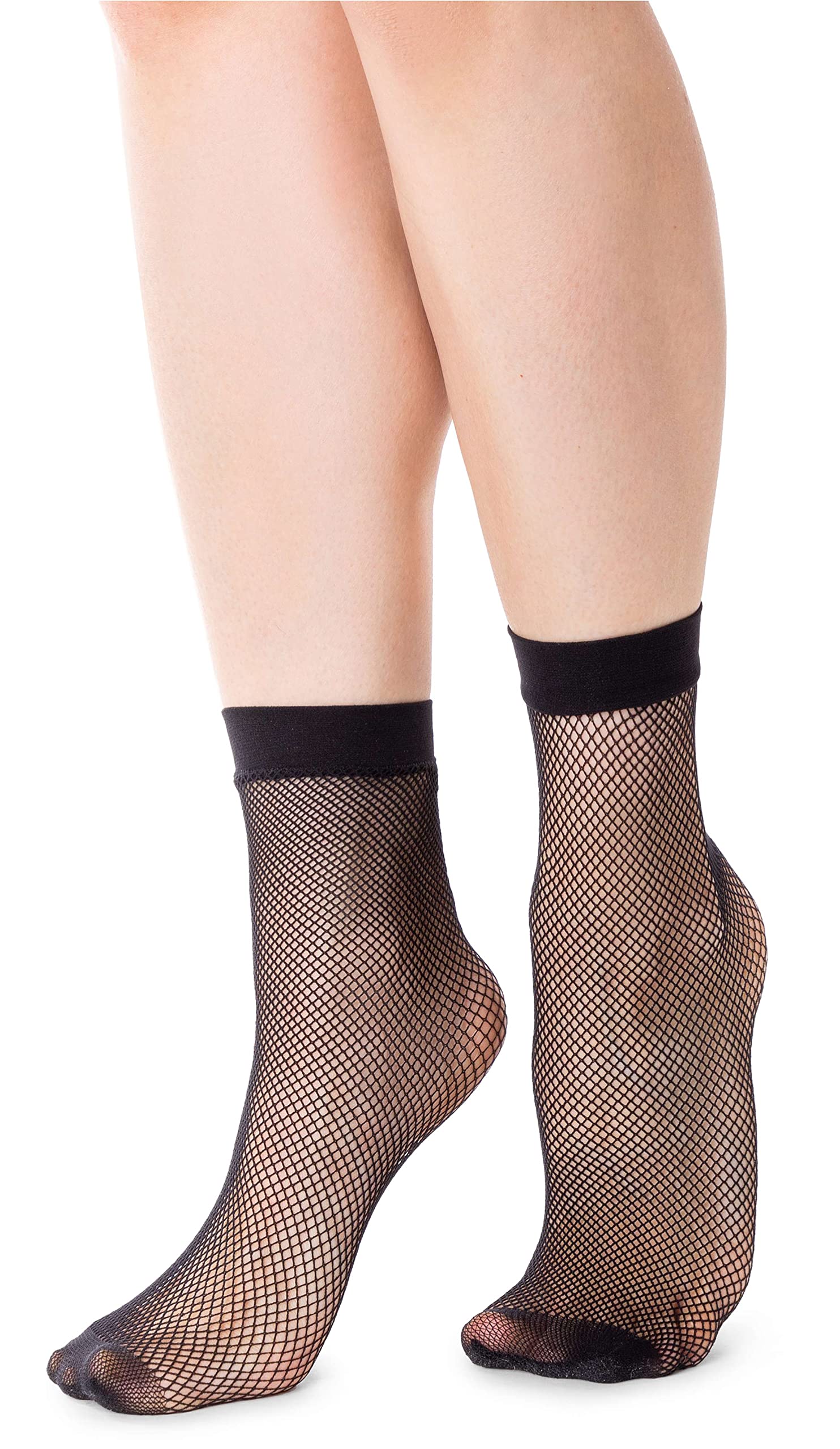 NOQ Women Socks Above Ankle Fishnet Type Black Beige Net with Comfort Top One Size Rock Evening Style Crew-Length Jessica, Nero