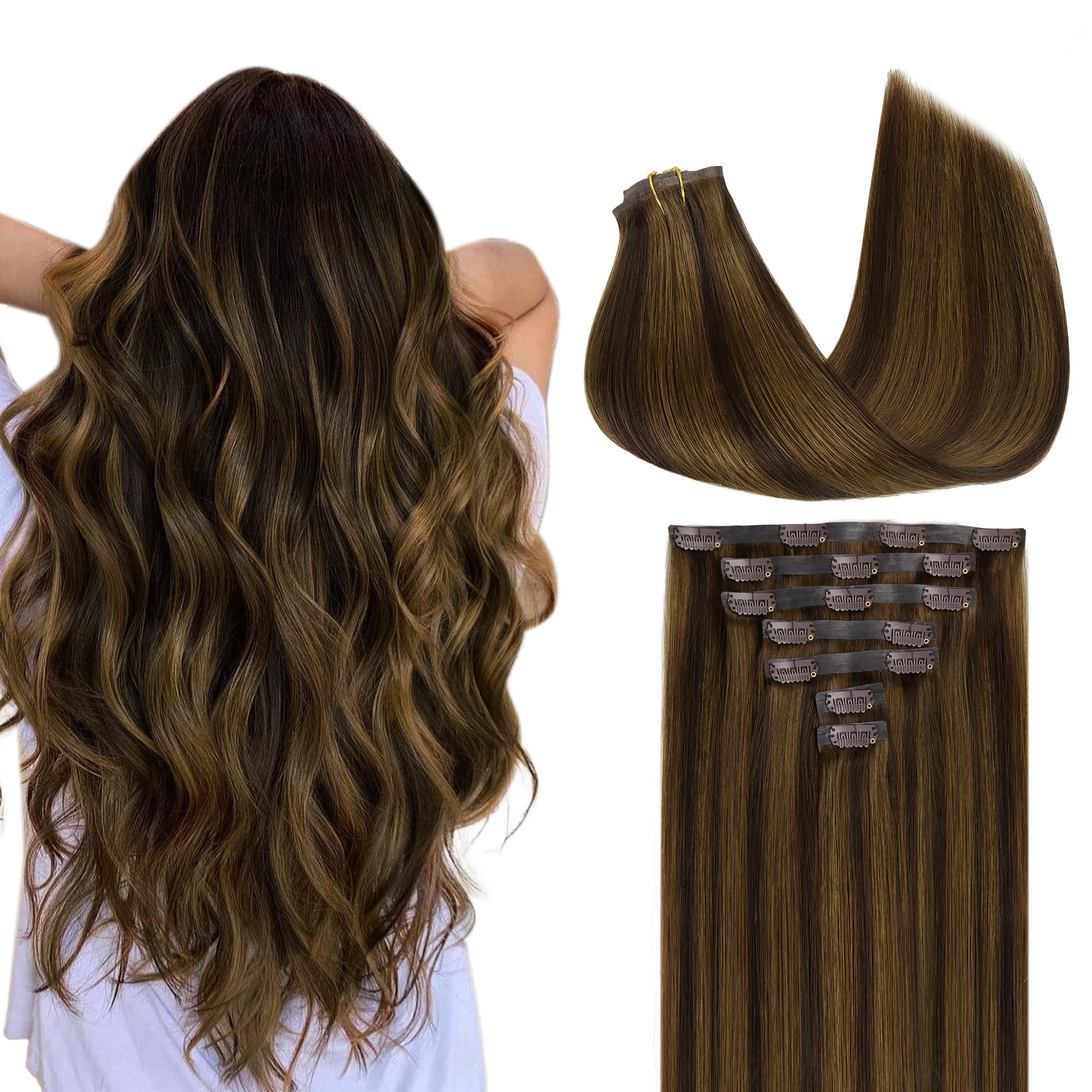 GOO GOO Clip in Hair Extensions Real Human Hair, Remy Human Hair Extensions Clip ins for Women, Natural Human Hair, 18inch 110g 7Pcs, 2C/4E/6C Brown