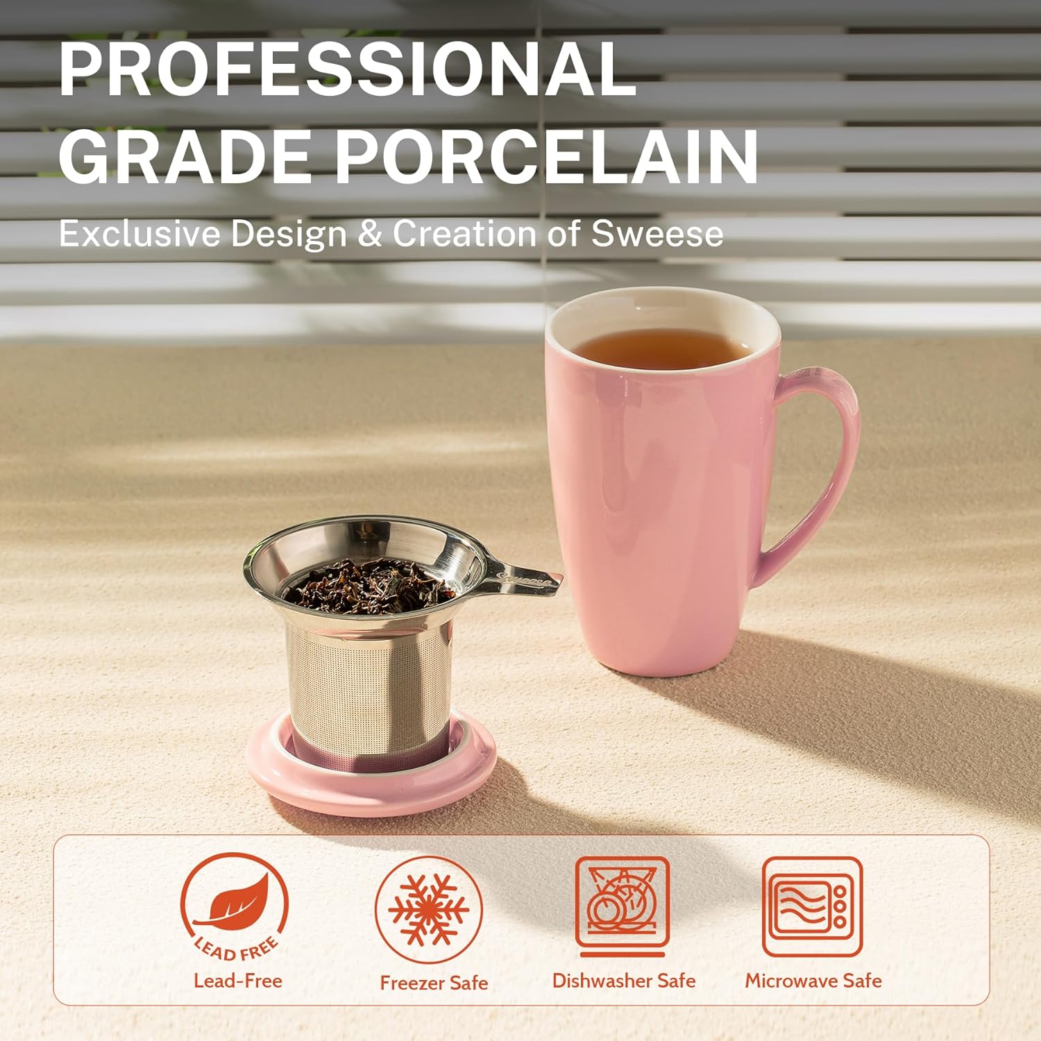 Sweese 15 OZ Porcelain Tea Mug with Infuser and Lid, Loose Leaf Tea Cup, Gifts for Tea Lover, Pink - Image 3