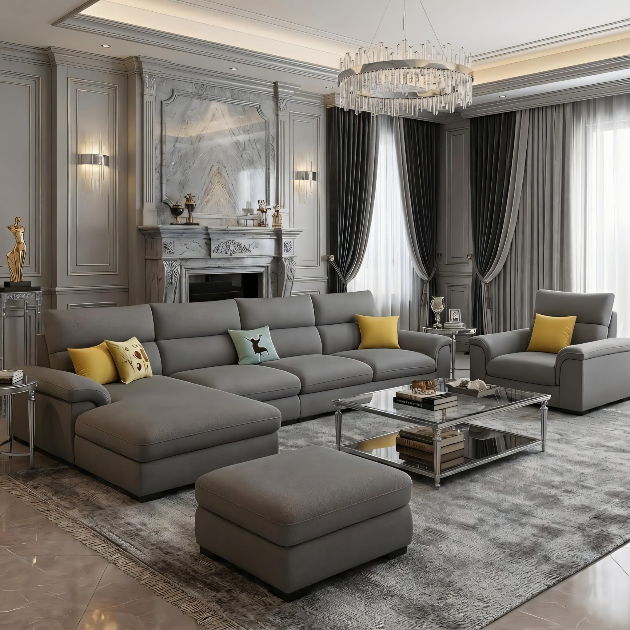 Karnak Multifunction Overstuffed Sofa Set | Modern Fabric Sectional Couch with Plush Cushions | Solid Wood Frame | Stylish Grey Living Room Furniture