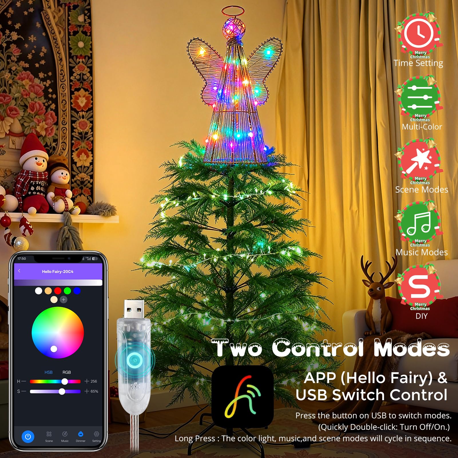LED Engel Baumspitze mit goldenem Drahtrahmen Design, Farbwechselnde Lichter, ideal für Weihnachtsbaumschmuck