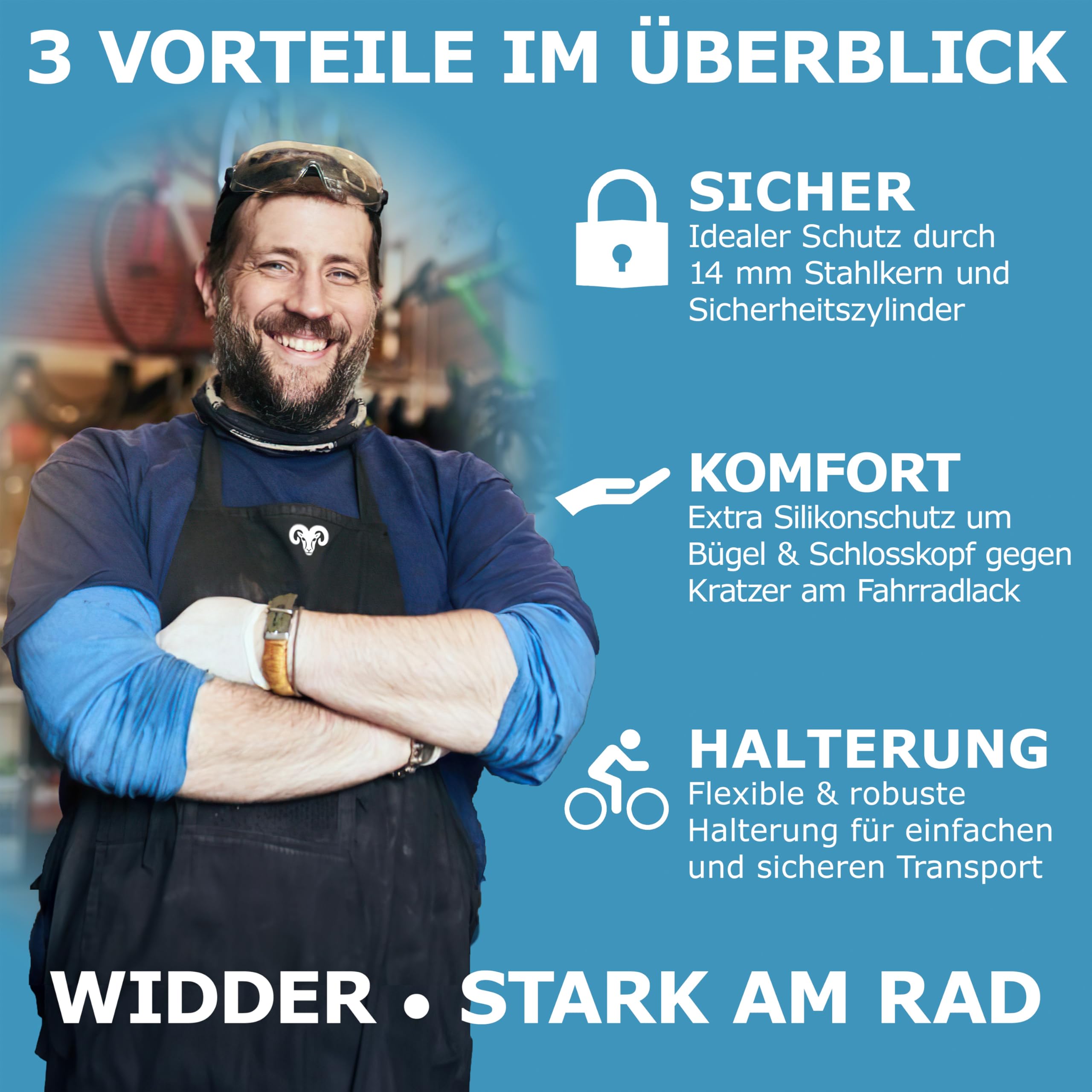 WIDDER Extrem Sicheres Fahrradschloss Bügelschloss [Chrom-Stahl Sicherheitsstufe 15] – 18mm Massiv Bügel – Fahrrad Schloss 64 cm Umfang mit Halterung & 3 Schlüssel – e Bike Lock & e Scooter U Lock