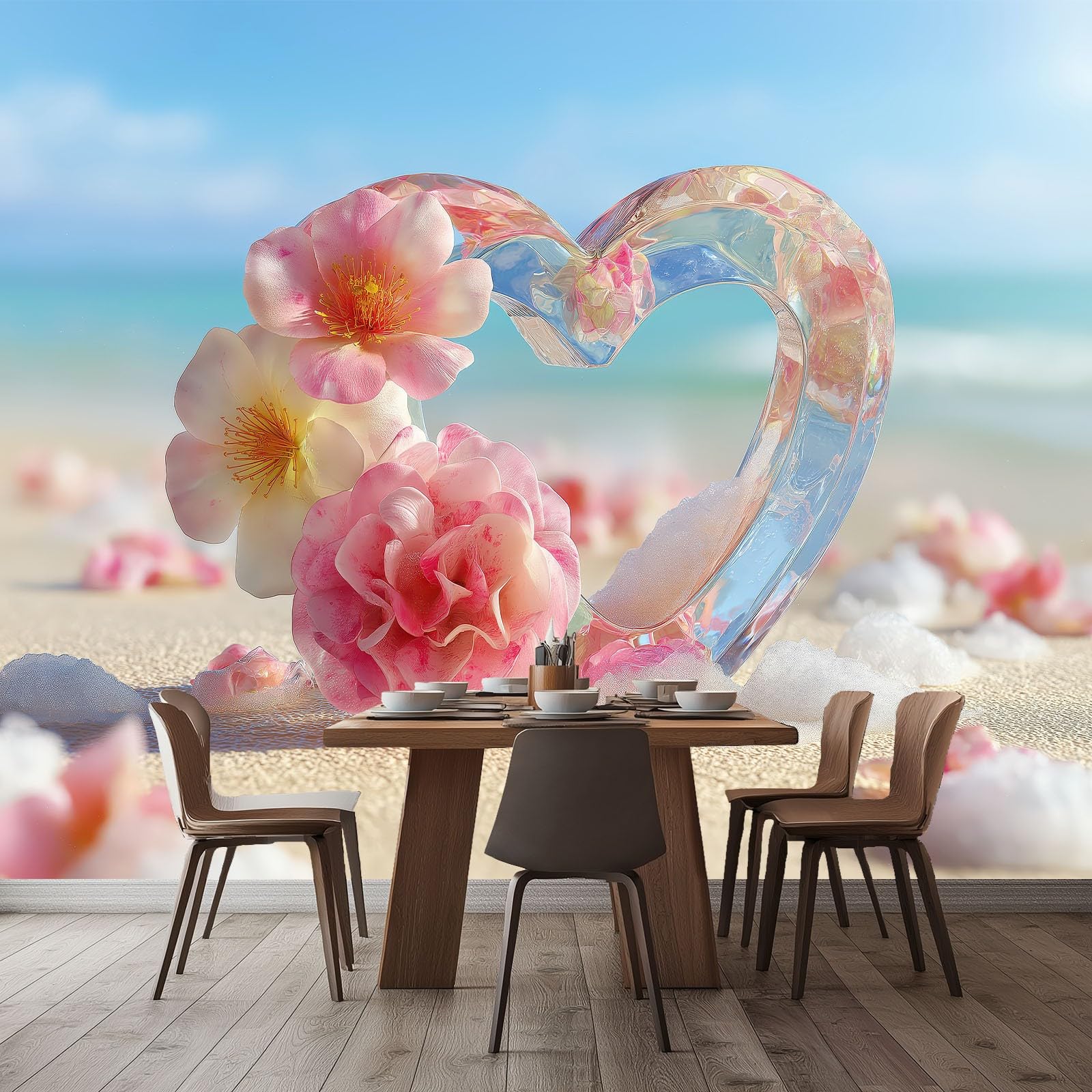 Générique Panoramiczna tapeta marzycielski ocean kwiaty serce 3D 300 x 210 cm, nowoczesna włóknina XXL dekoracja ścienna salon sypialnia biuro pokój dziecięcy, niebieska
