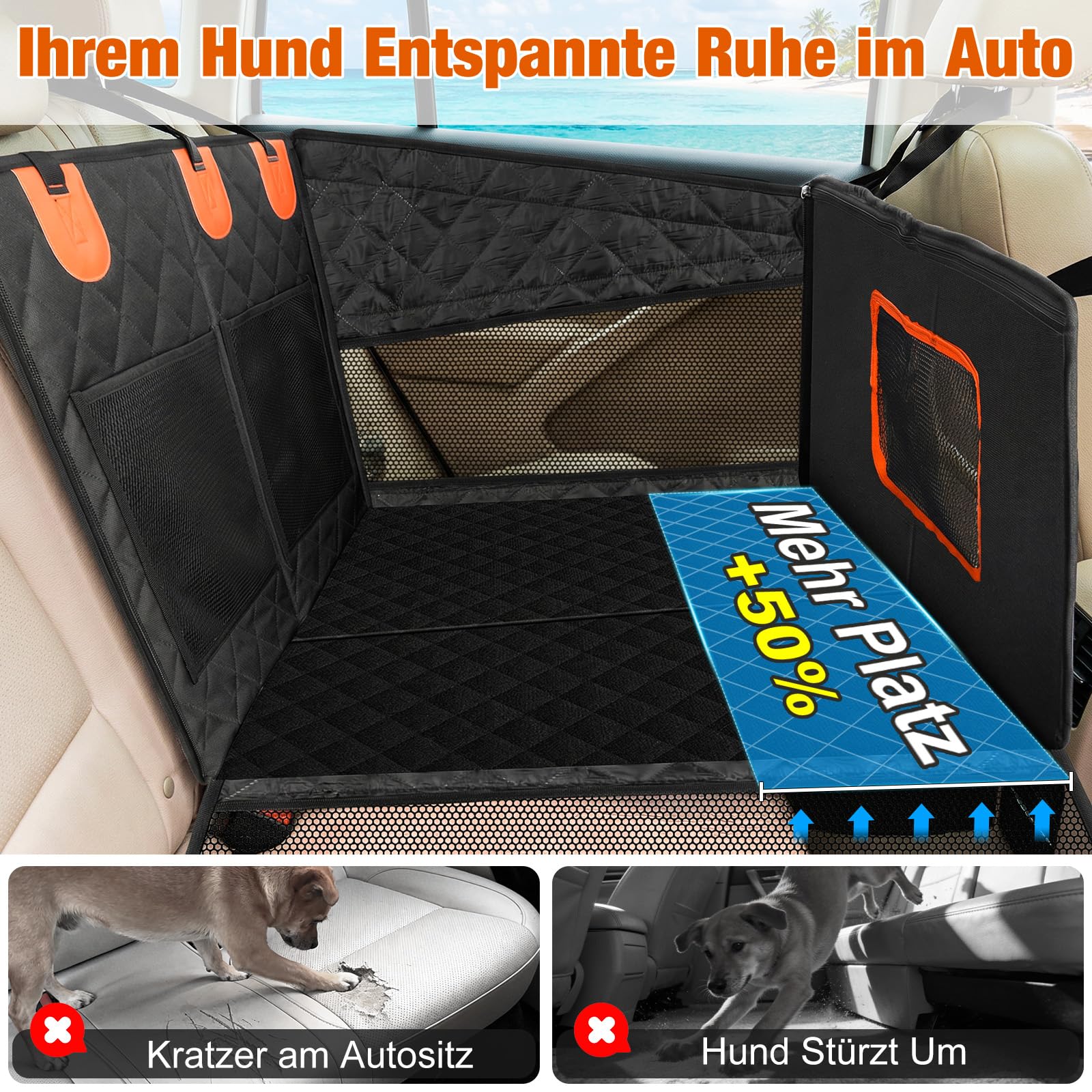 X XBEN Extra Stabiler Hunde Autositz, 50% Mehr Platz Hundesitz Auto Rückbank mit 3 Mesh-Fenstern, Hohe Tragfähigkeit Hundeautositz für Mittlere und Große Hunde, Wasserdicht Kratzfest rutschfest
