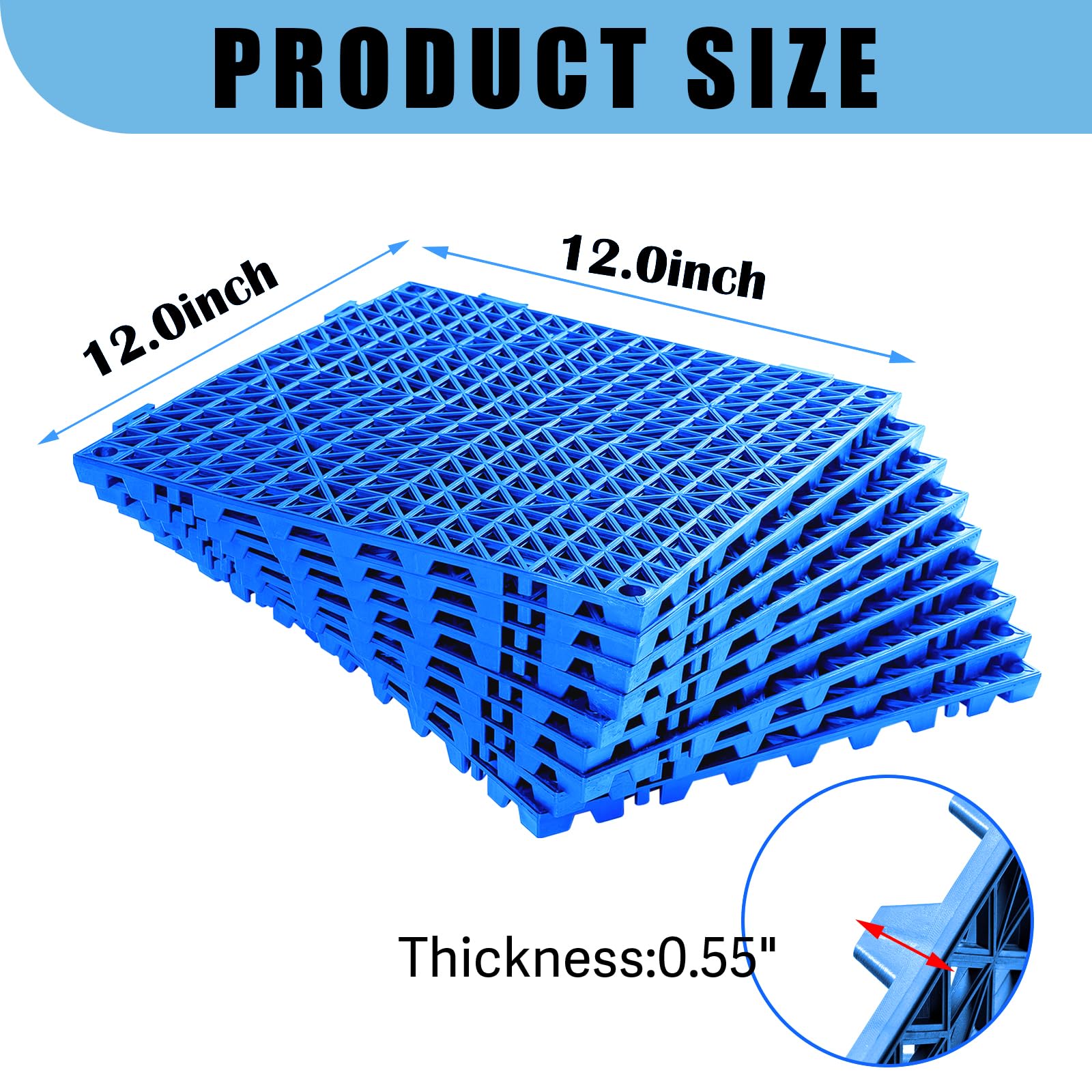 Lot de 8 dalles de sol emboîtables pour drainage de piscine, tapis de sol en PVC souple avec trous pour douche, sous-sol, garage, abri de jardin - Bleu