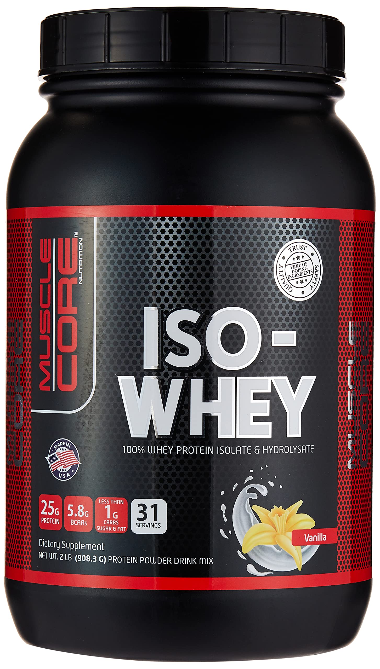 Muscle Core Nutrition Iso-Whey Vanilla, 2Lbs (900.3g) | 25g Protein, 5.8g BCAAs, Less Than 1g Carbs, Sugar & Fat | Fast-Acting Whey Protein Isolate & Hydrolysate Blend | Gluten-Free