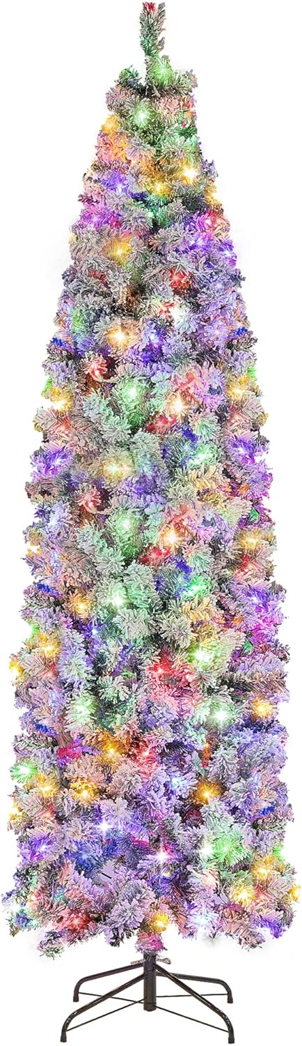 7.5ft Prelit Flocked Pencil Christmas Tree, Artificial Skinny Slim Christmas Tree with 250 Multi-Color & Warm White LED Lights for Xmas Holiday Decoration
