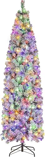 Árbol de Navidad preiluminado de 6 pies, árbol de Navidad delgado artificial con 250 luces LED multicolor y blanco cálido para decoración de Navidad