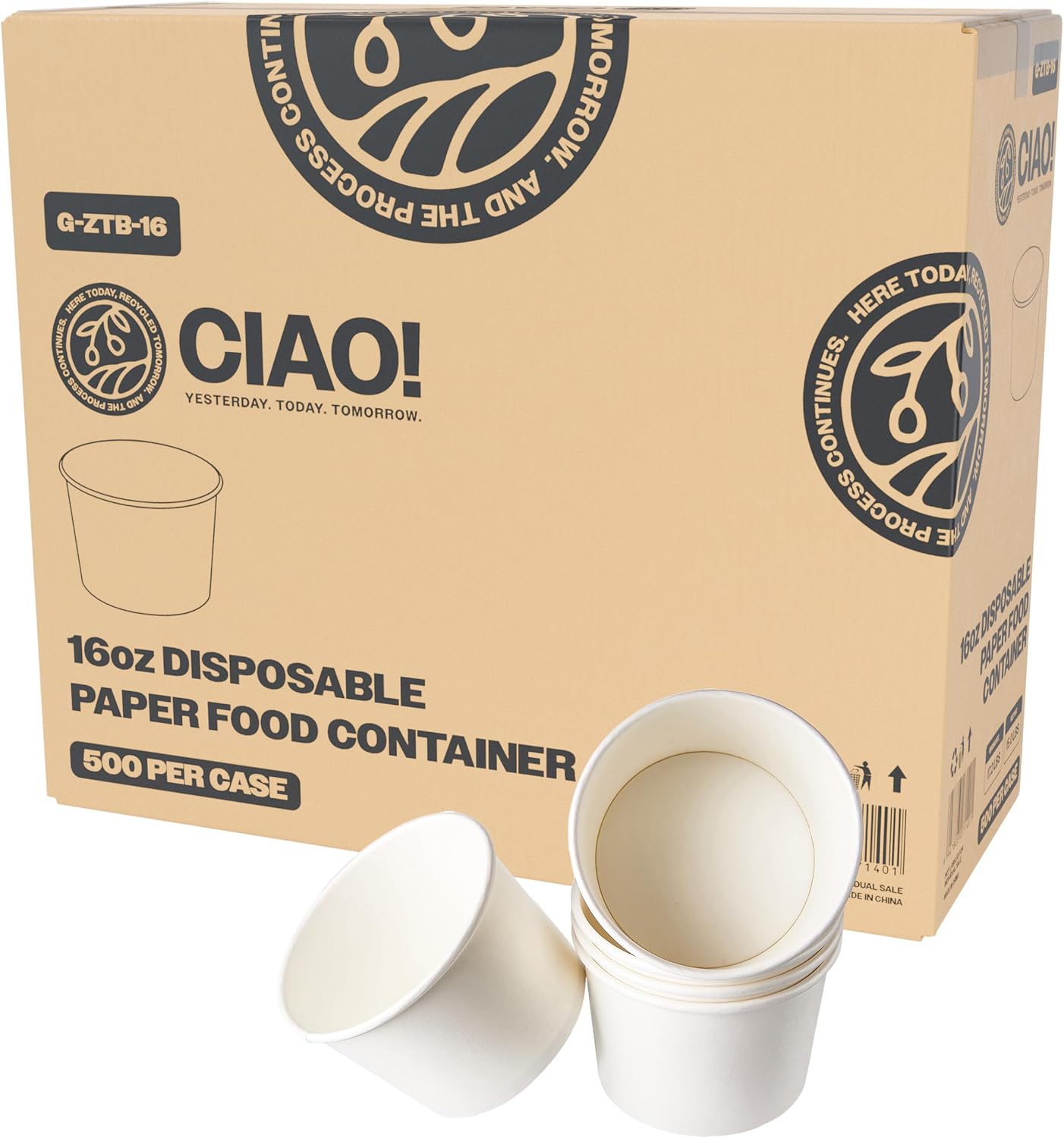 CIAO! 16OZ Disposable White Paper Food Container, 115mm Diameter, Lids Sold Separately (500/case)