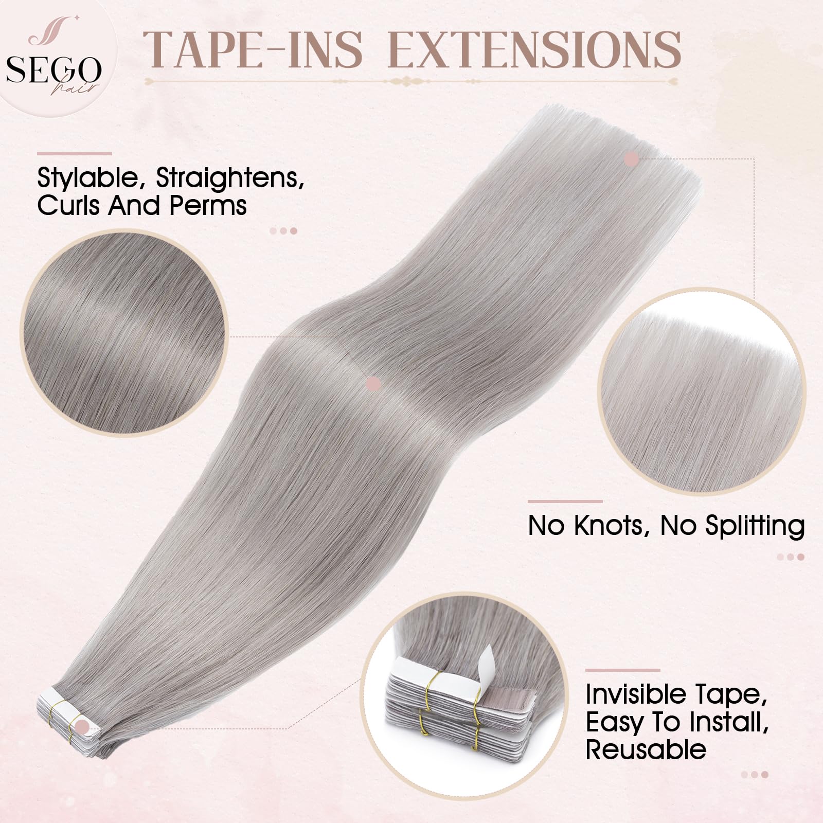 SEGOHAIR Tape in Hair Extensions Human Hair, 12" Invisible 10Pcs Real Hair Straight Natural Remy Tape Hair Extensions - Grey - Image 3