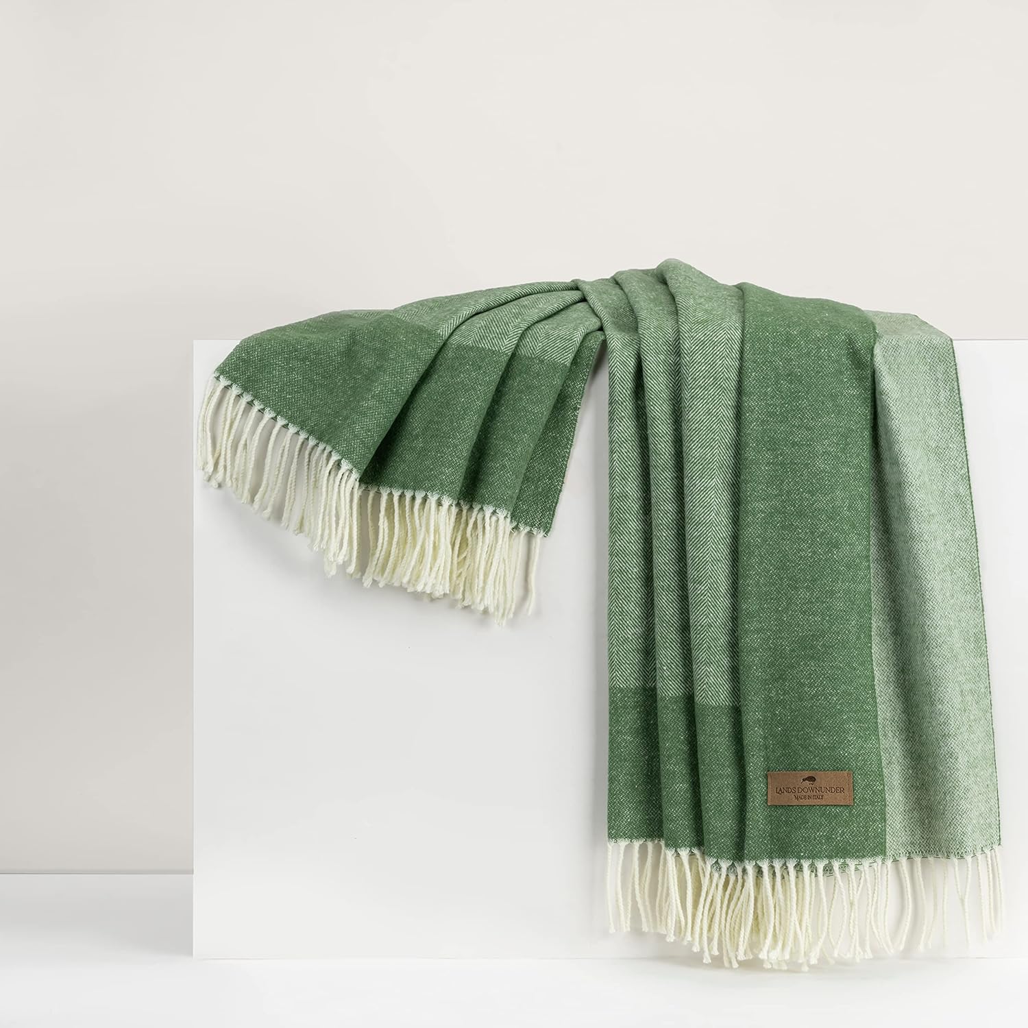 Lands Downunder All-Season, Luxury Olive Border Herringbone Throw – Soft Woven Throw with Decorative Fringe – Made in Italy – 51”W x 67”L - Perfect for Gifting