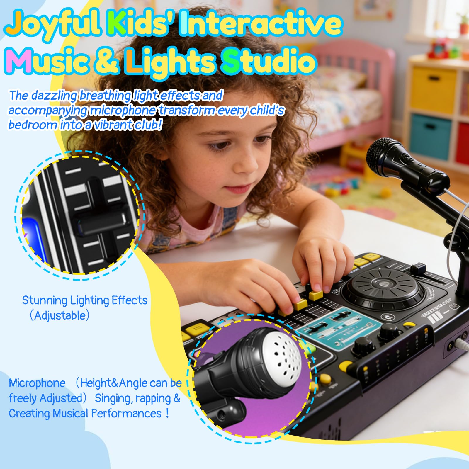 Table de mixage DJ pour enfants 3-12 ans, DJ Mixer Controller pour enfant Platines DJ Musicale avec 100+ effets sonores, micro, Lumières kit de mixage DJ Enfants Chargement USB, Bluetooth(schwarz)