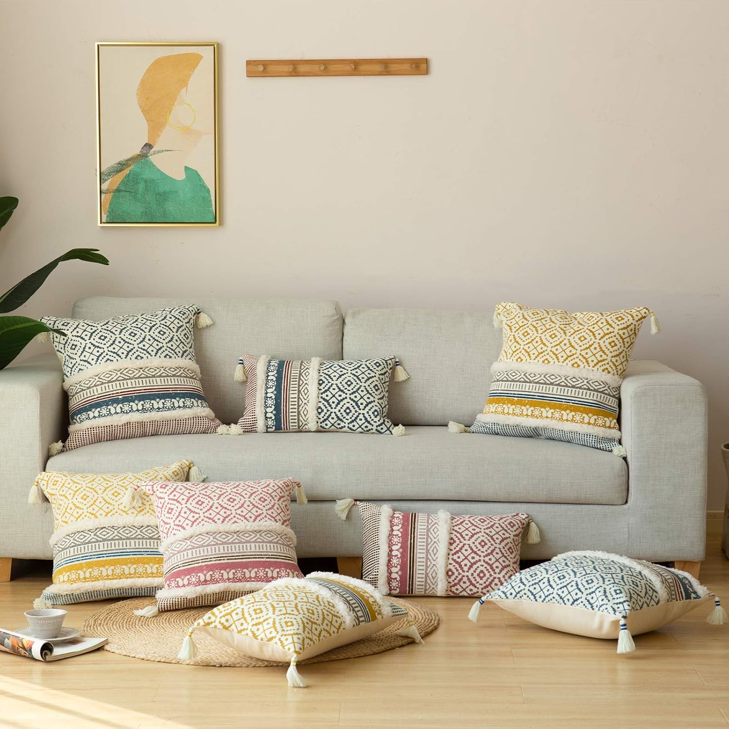 blue page Boho Tufted Decorative Throw Pillow Covers for Couch Sofa - Modern Moroccan Pillow Case with Tassels, Accent Decor Large Pillowcase for Bedroom Living Room Car Hotel, 20x20 Inch, Yellow : Home & Kitchen