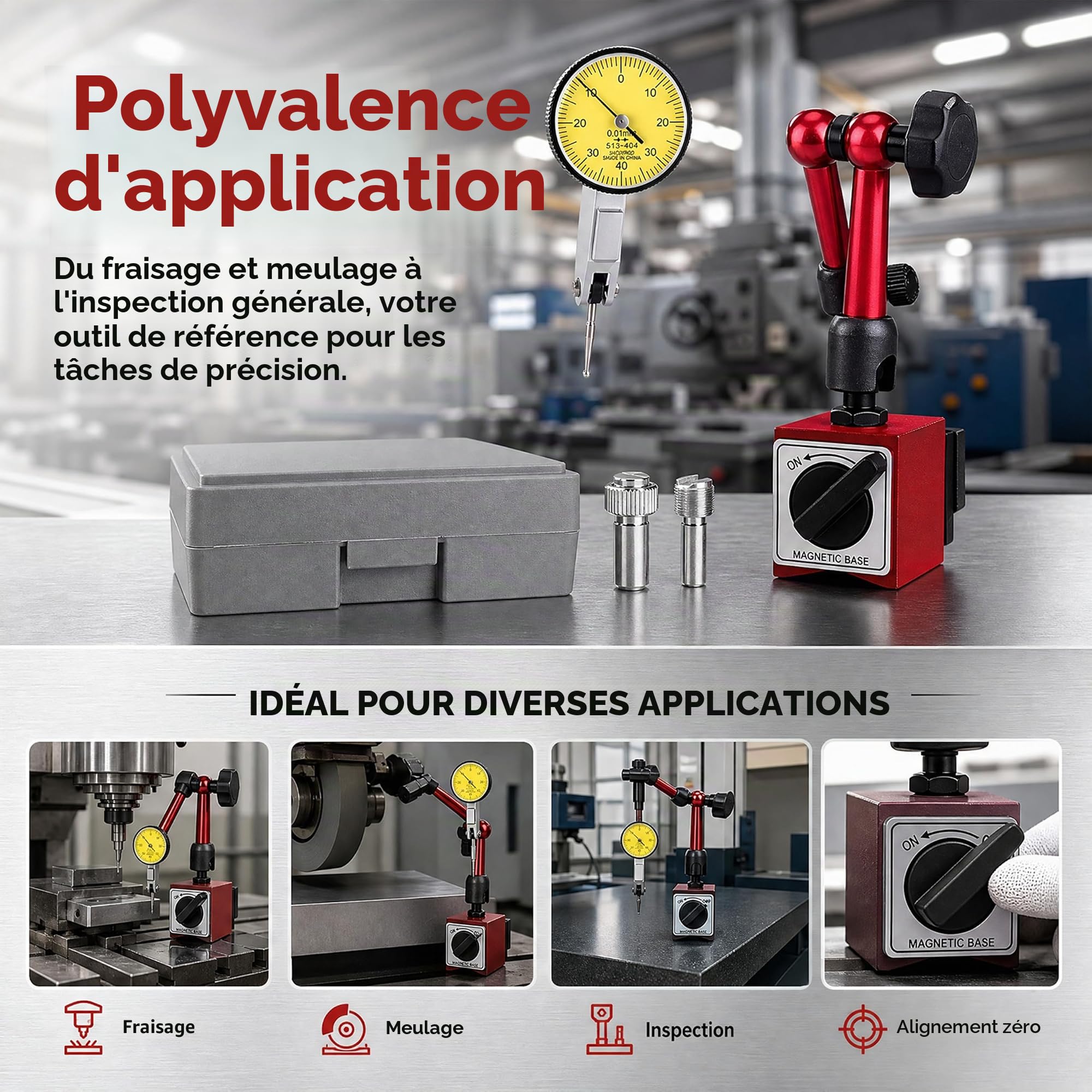 Comparateur Mecanique 0-0,8 mm avec Base Magnétique,Très Flexible,Comparateur Précision 0,01 mm,Ensemble D'indicateurs de Cadran pour Calibration Des Plaques de Surface,Rouge