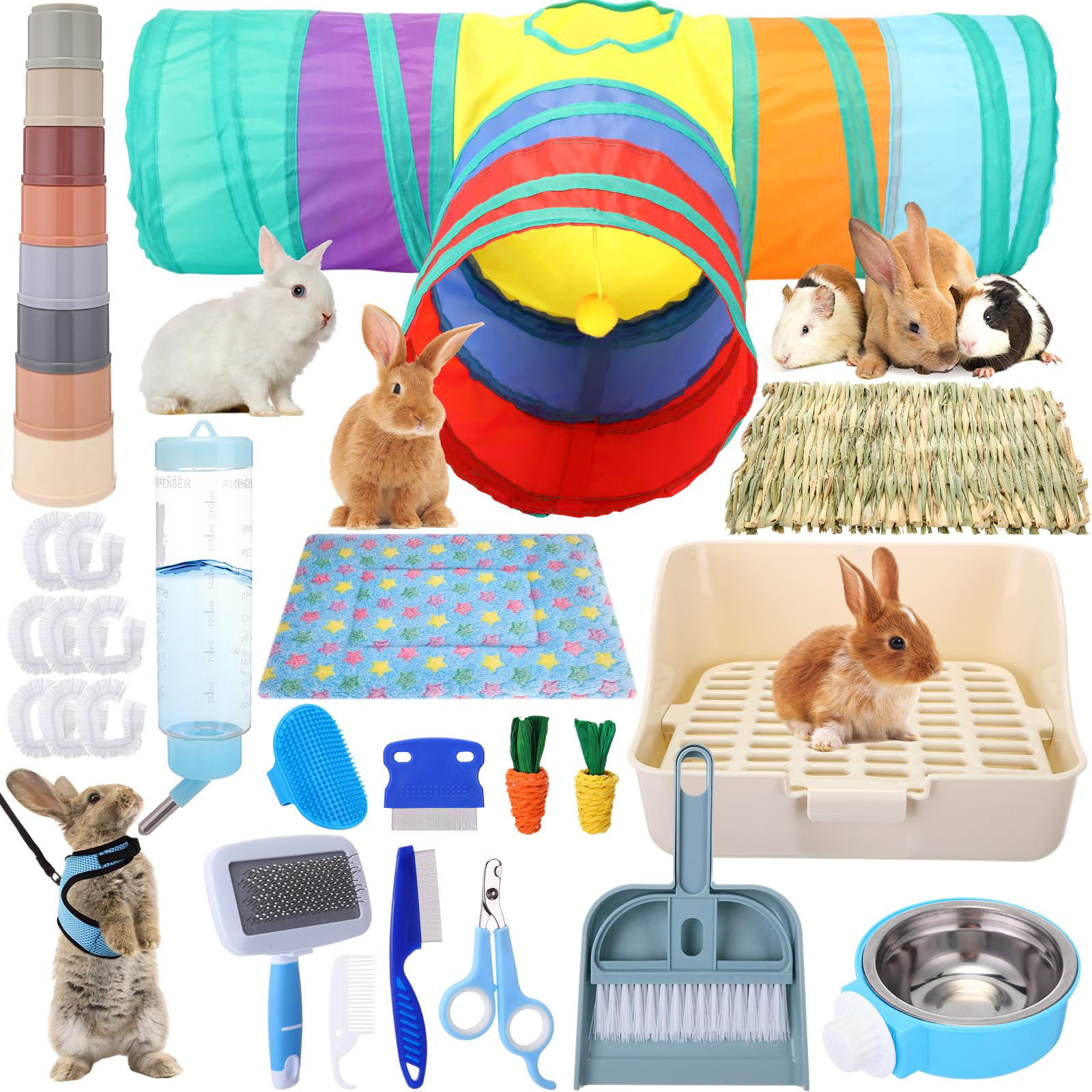Kit iniziale per conigli, 34 pezzi, per lettiera per conigli, piccole bottiglie d'acqua, tazze impilabili, tunnel per coniglietti, kit per la toelettatura degli animali, coperte con set di