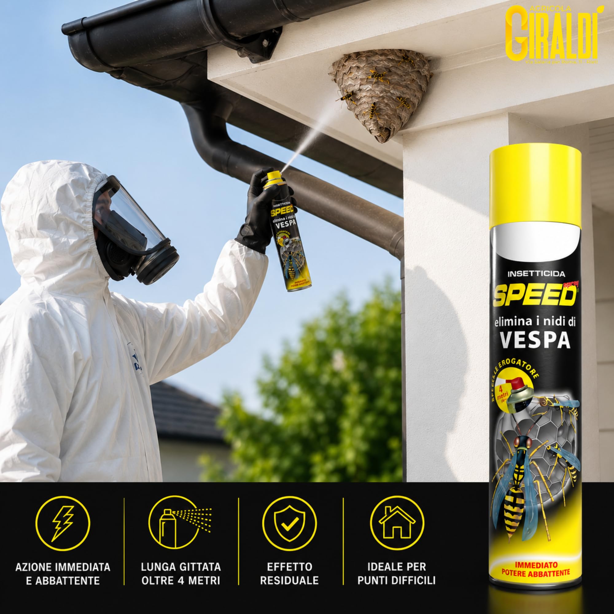 1 Bottiglia da 750 ml Speed Spray Vespe e Nidi - Lunga Gittata 4 metri | Uso domestico e civile; per grondaie, sottotetti e pensiline; effetto residuale e AZIONE RAPIDA