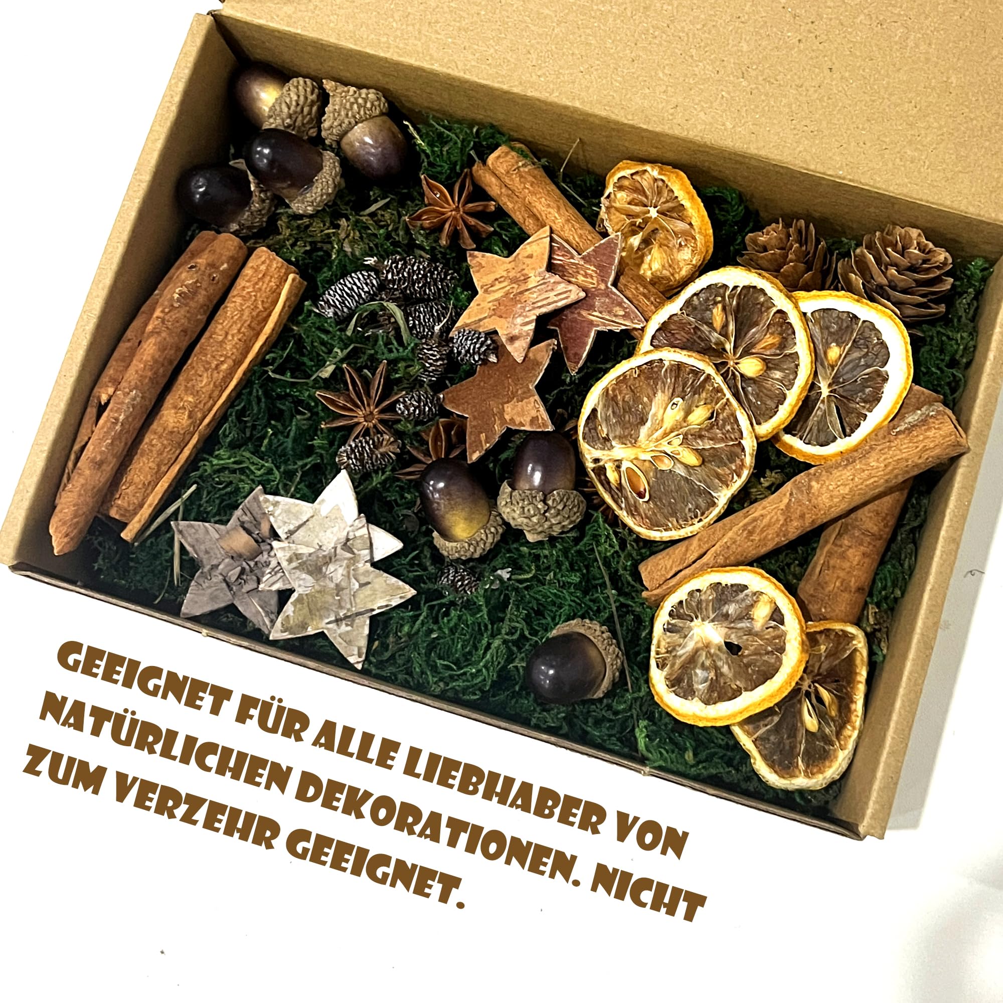 57 Stück Weihnachtskranz Deko, Adventskranz Deko, Potpourri Weihnachten, Adventskranz Bastelset mit Tannenzapfen, Eicheln, Getrocknete Orangenscheiben, Birkensternen, Dunkelgrün Moos, Sternanis (A)