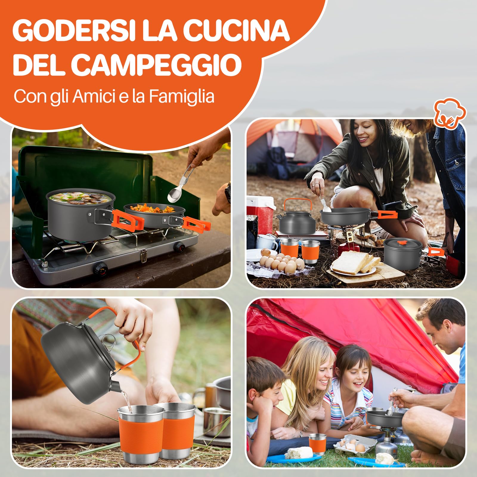 FUNYKICH 17 Pezzi Set di Pentole da Campeggio in Alluminio,Posate Pieghevoli,con Bollitore,Tazze in Acciaio Inox e Moschettone, per Pesca,Picnic e Escursioni
