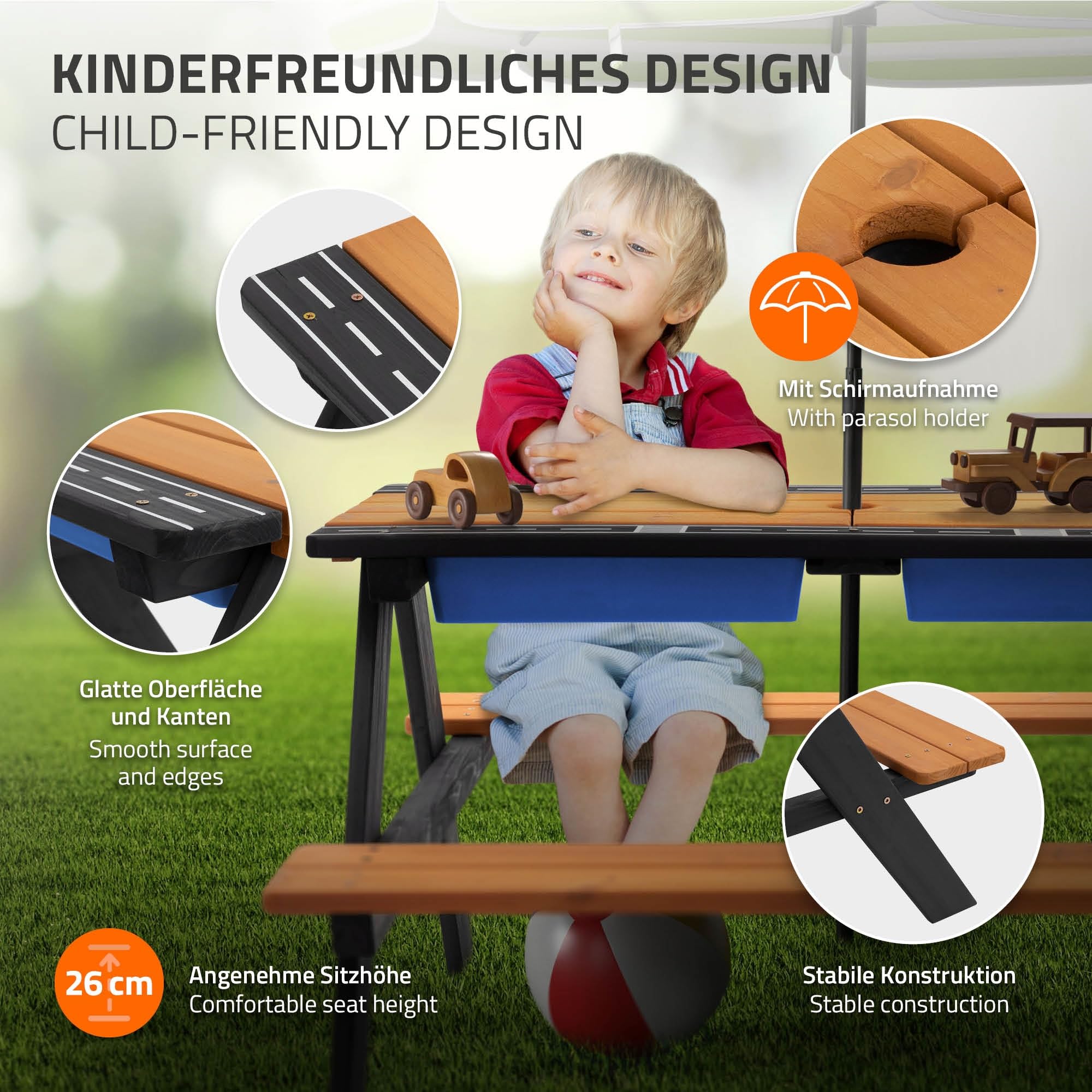 ML-Design 2en1 Ensemble pour Enfants 2 Bancs et Table de Jeux de Sable et d'eau, Brun Naturel, Bois Massif/Métal, Plateau Amovible avec 2 Bacs de Jeu en Plastique Bleu, 4 Places, Trou pour Parasol