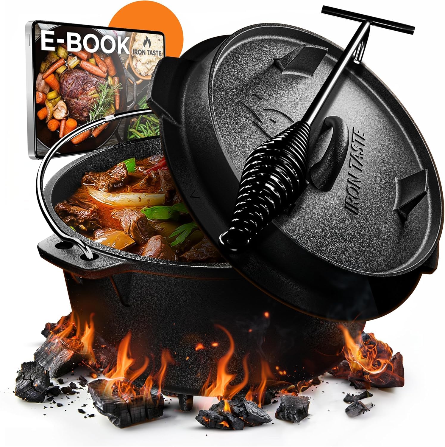 Cocotte Fonte Barbecue 4,5L – Cocotte en fonte pré-assaisonnée avec pieds et couvercle pratique, idéale pour pain, ragoûts, BBQ & camping