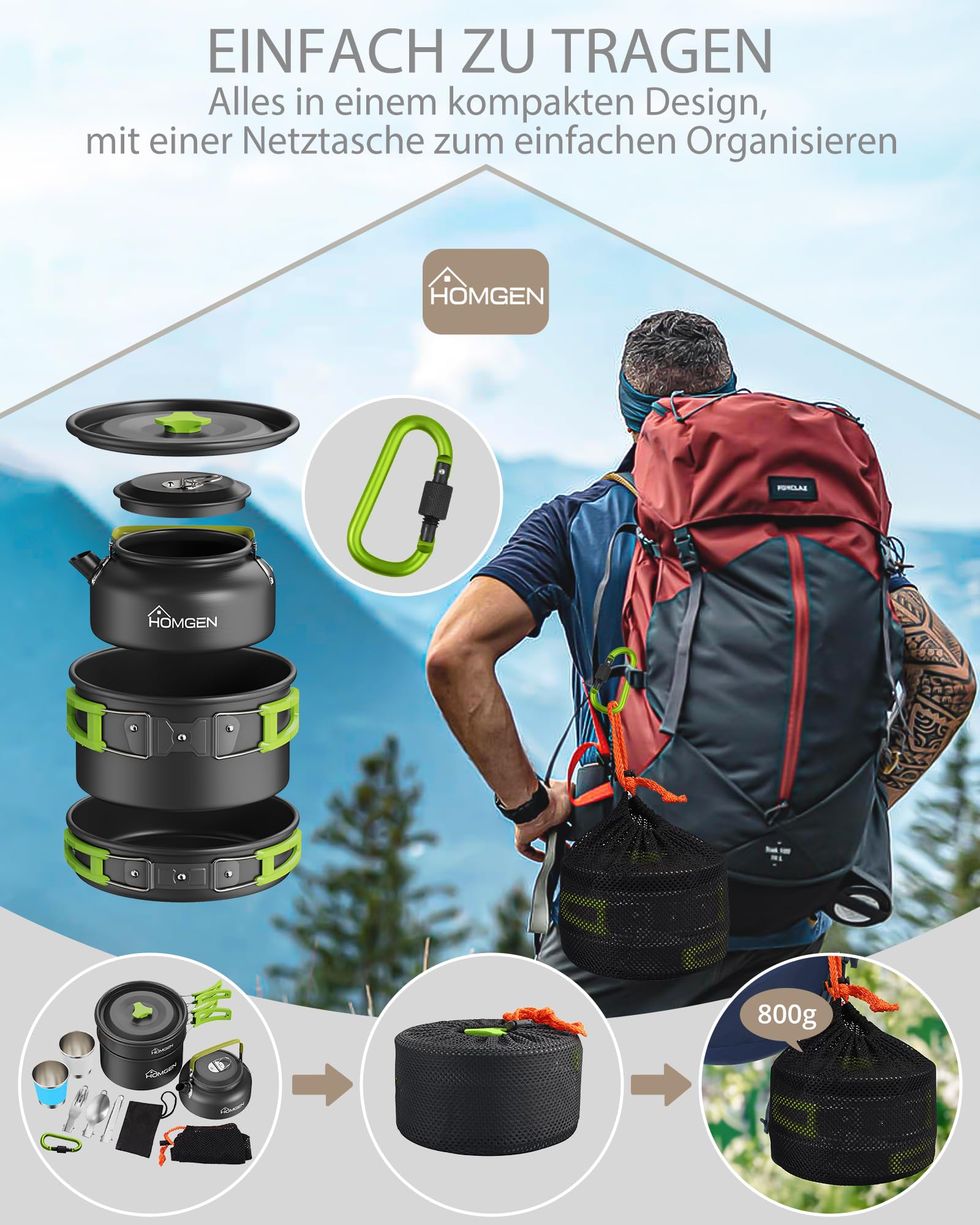 HOMGEN Camping Kochgeschirr Set aus Aluminium – Leichtes Camping Topfset mit Antihaft-Beschichtung, Klappbaren Griffen und Tragetasche, Outdoor Kochset für Camping, Trekking, Wandern, Picknick