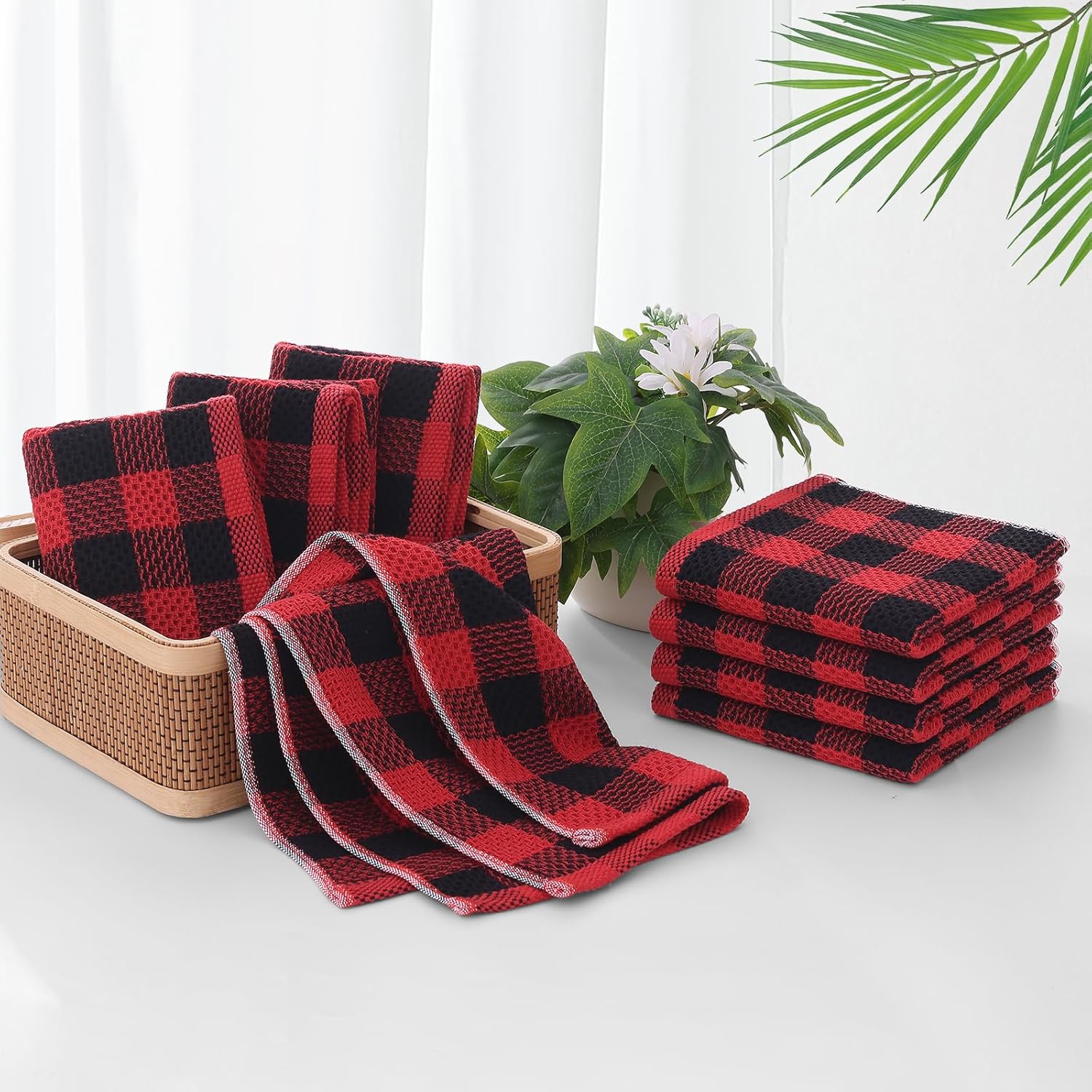 homing Buffalo Plaid Kitchen Towels and Dishcloths Set, 12" x 12" and 13" x 28", Set of 8 Bulk Cotton Waffle Weave Dish Towels, Super Soft Absorbent Hand Towels for Kitchen, Red & Black - Image 6