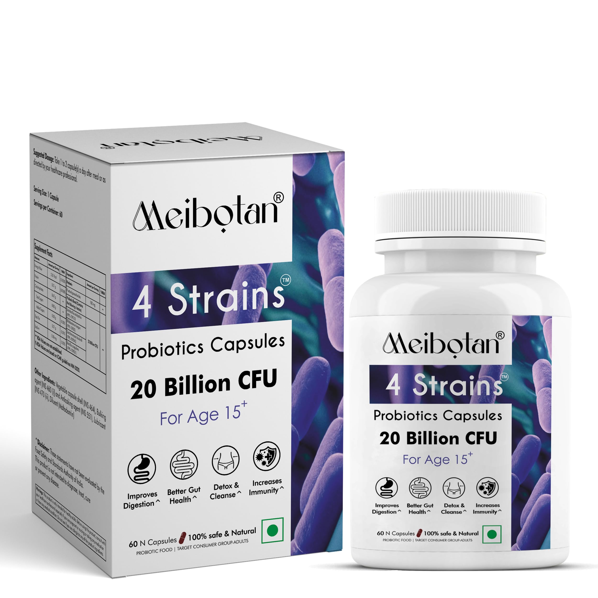 Meibotan Probiotics Supplement 4 Strains with 20 Billion CFU For Men & Women with Prebiotics - Gut Support, Digestion, Immunity Support, Detox & Cleanse - 60 Vegetarian Capsules, Age 15+ (B0BV5Y942G) Amazon Price History, Amazon Price Tracker