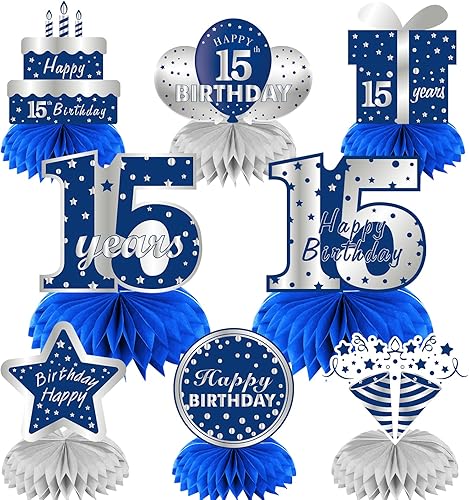 Kauayurk 8 piezas de centros de mesa de panal de cumpleaños número 15 para niños suministros de mesa de 15 años suministros de fiesta letrero de