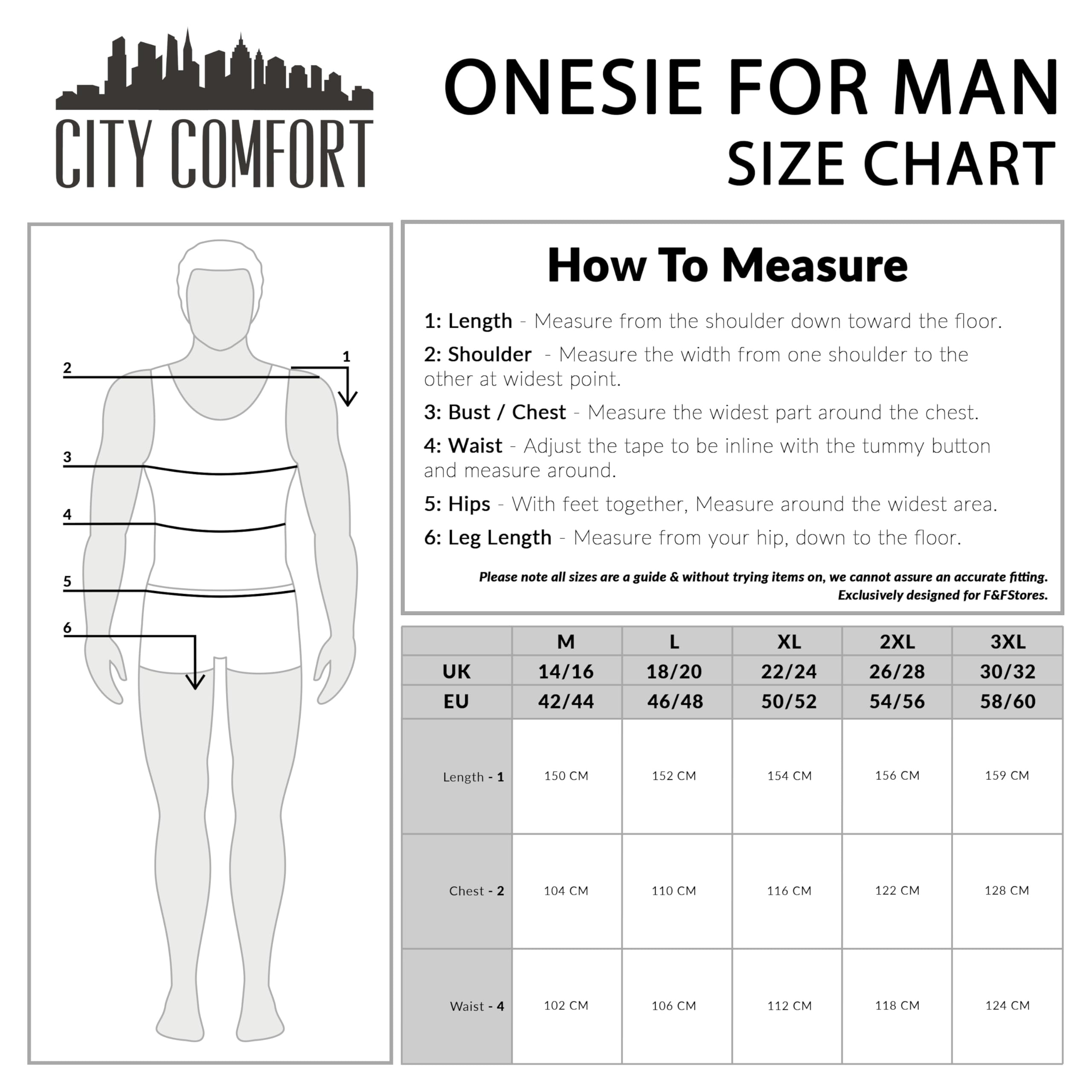 CityComfort Mężczyźni Borg Fabric Onesie M Czarny