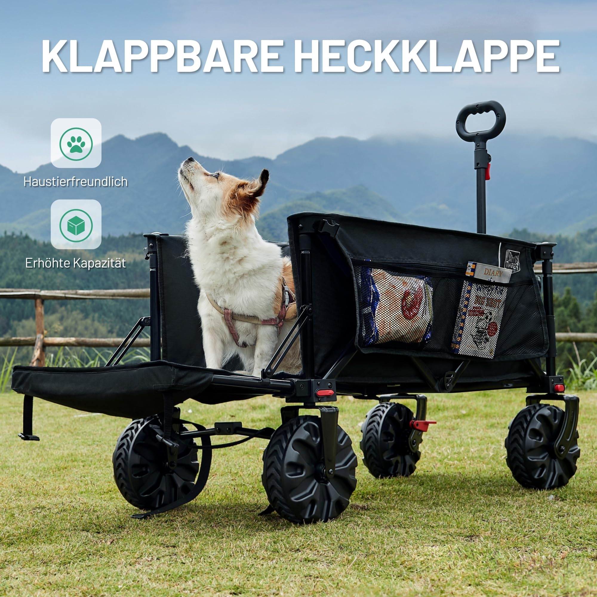 TIMBER RIDGE XXXL Bollerwagen Faltbare 300L Extra Langer mit Faltbarer Heckklappe Handwagen mit Seitentasche Getränkehalter verstellbarem Griff, Gartenwagen Transportwagen für Alle Gelände
