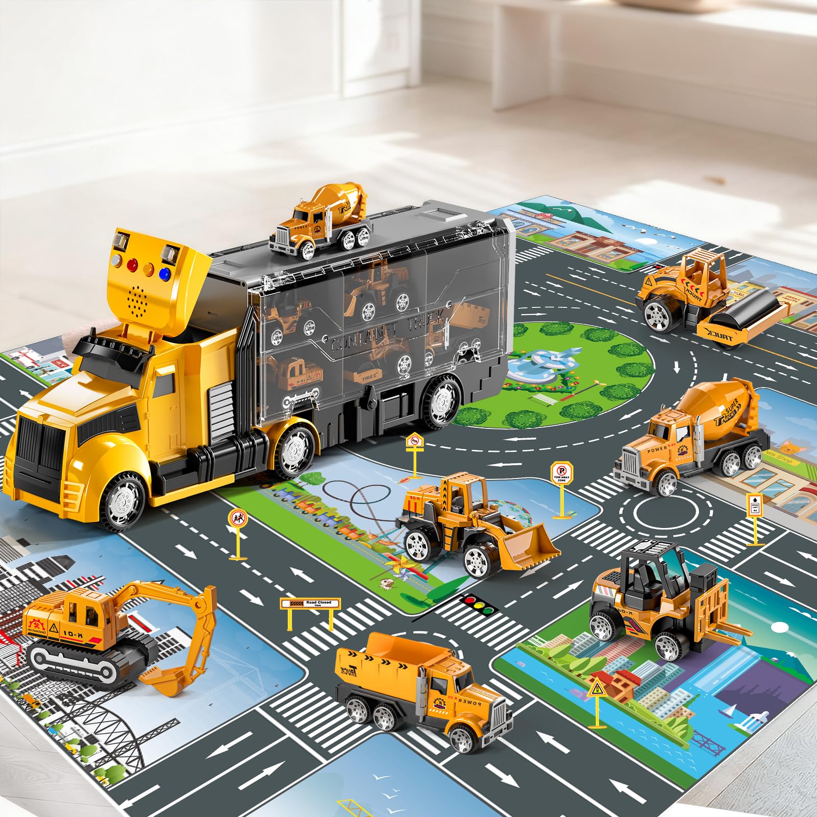 Construction Trucks Toy Set with Play Mat, Carrier Truck Play Vehicles Set for 3 4 5 6 Years Old Boys Kids, Die-Cast Car Toy for Toddlers 3-4 Years, Birthday Gifts Toys for 3-9 Year Old Boys