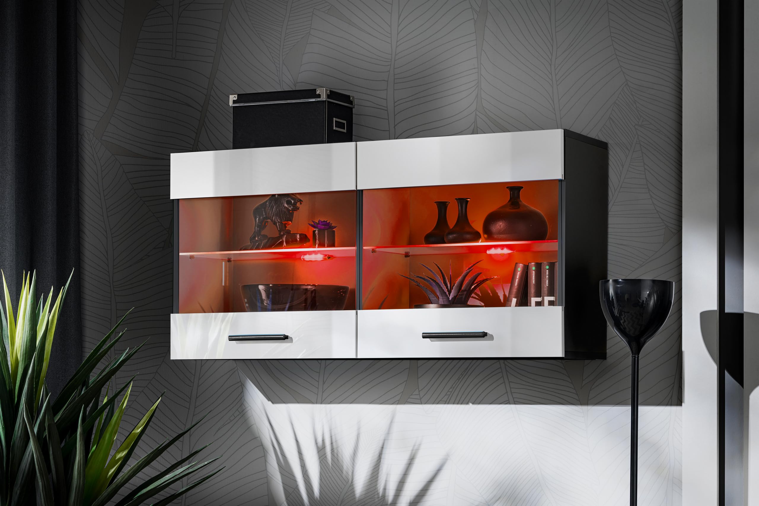 Komodee, Vitrine Schrank Savona, Breite 100cm x Höhe 50cm x Tiefe 30cm, 2 Glasböden, 2 Türen, für Wohnzimmer, Küche