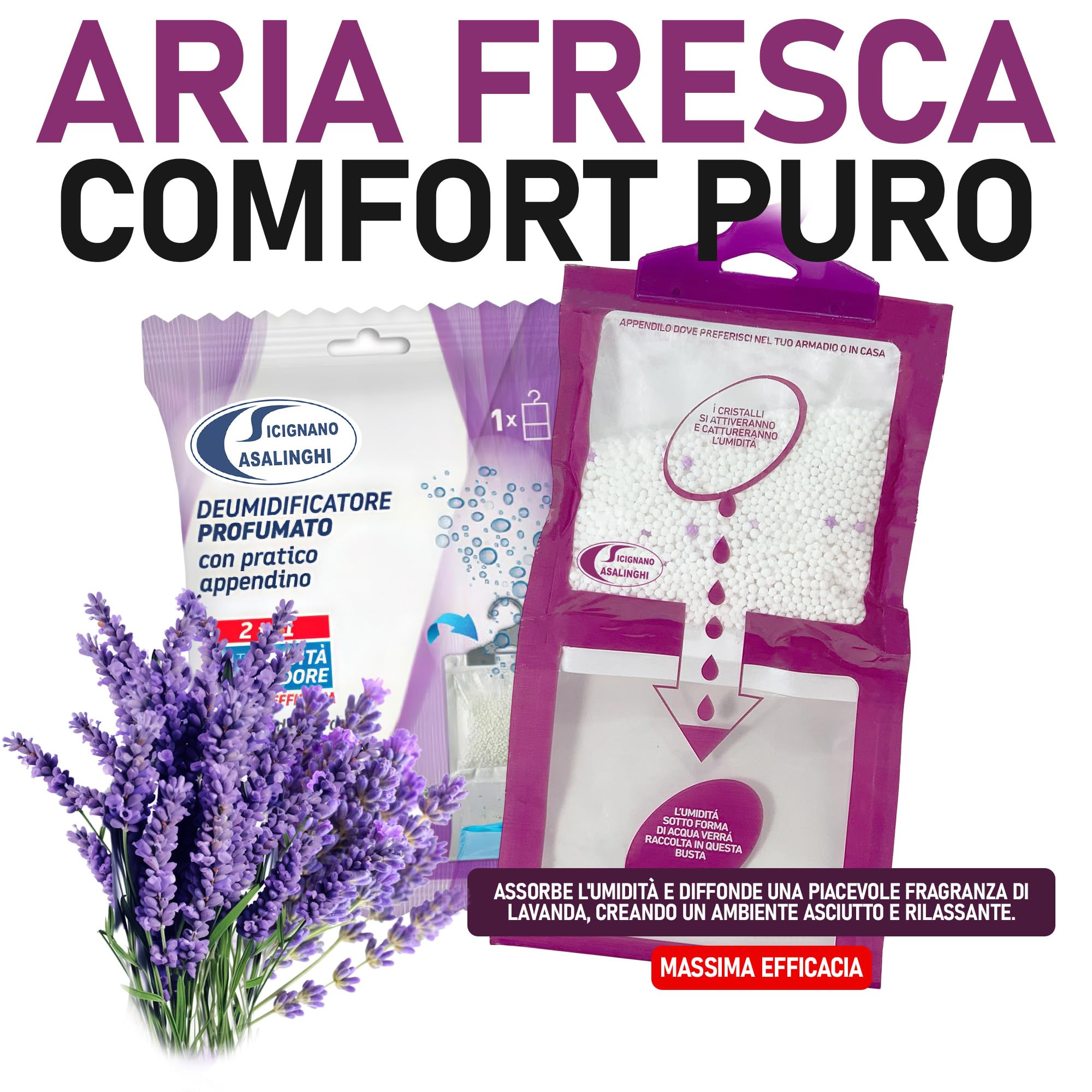 Sicignano | Set 10 Deumidificatori con Appendino 2 in 1, Anti-Umidità e Anti-Odore, Capacità 500 ml, Ideale per Armadi e Ambienti Domestici, Fragranza Lavanda